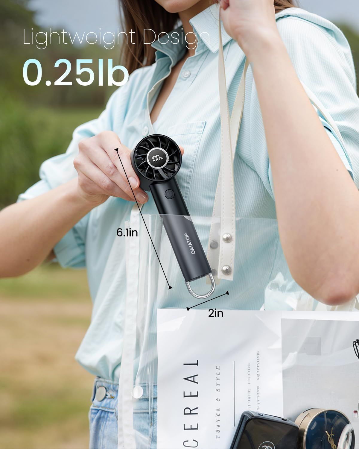 Communicates the product's portability and convenience by showing its lightweight design (0.25lb) and compact dimensions (6.1in x 2in), reassuring shoppers…