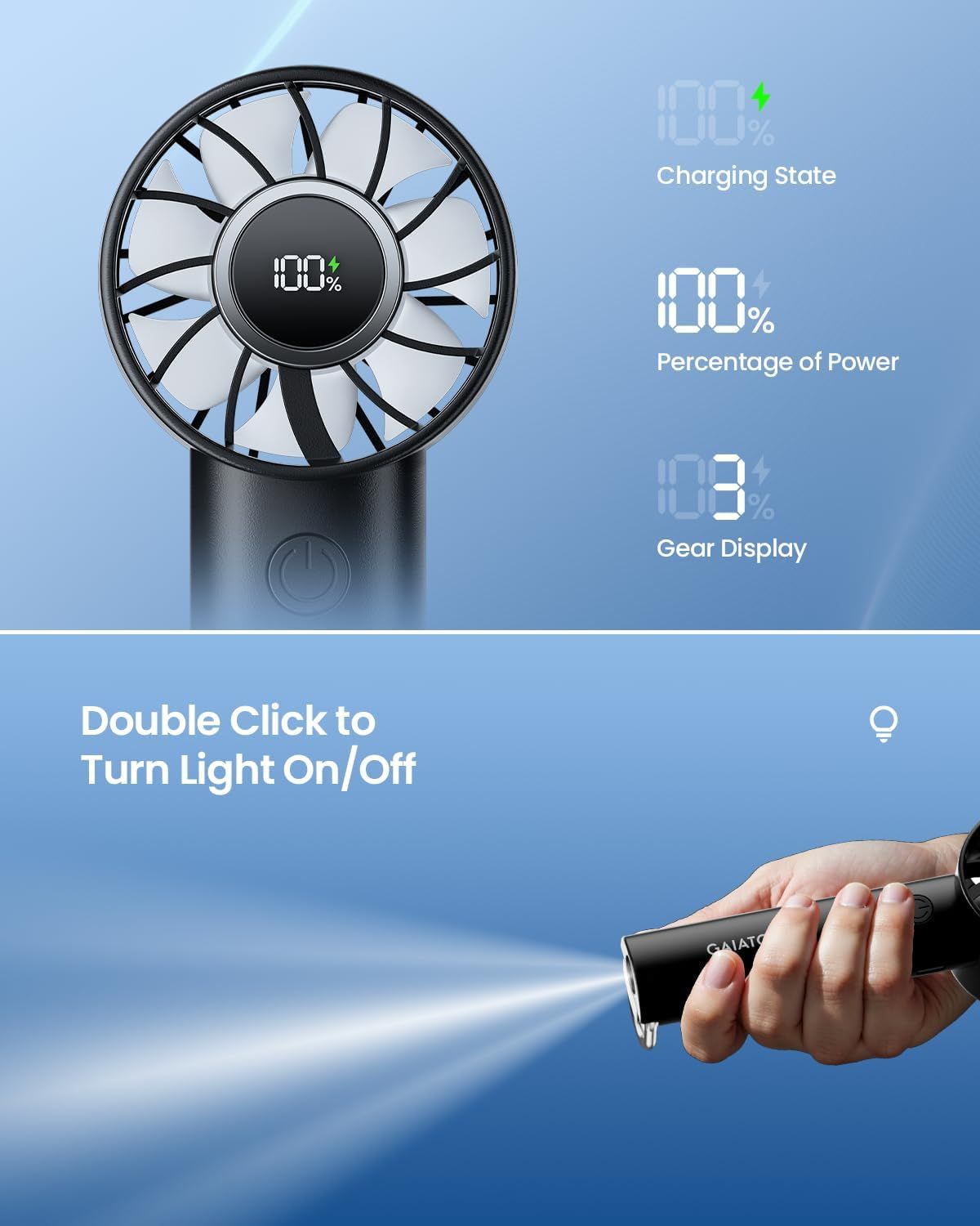 Communicates multiple distinct features of the portable fan including its digital display capabilities, battery monitoring, gear settings, and light control…