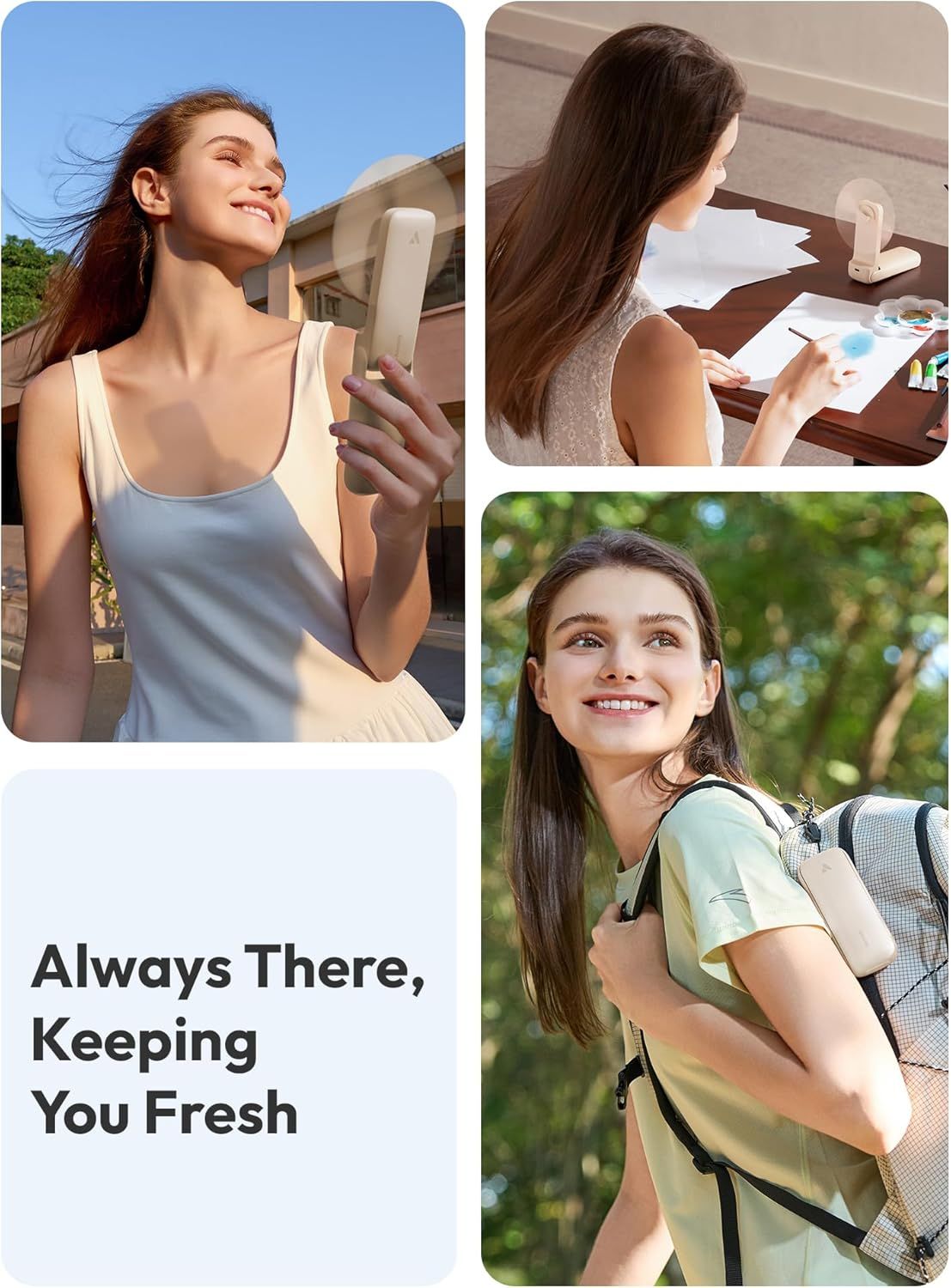 Demonstrates the product's versatility by showing it can be used in multiple real-world scenarios—outdoors, at home/desk, and on-the-go—to keep users fresh…