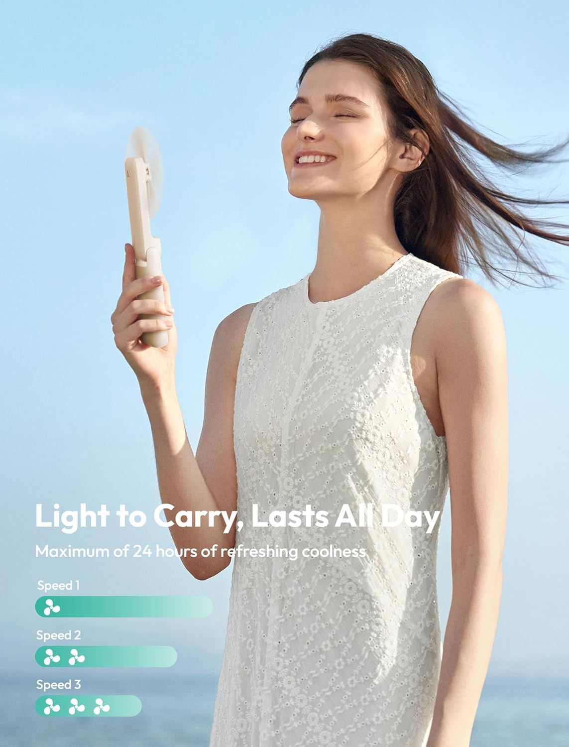 Communicates multiple key benefits of the portable fan including its lightweight portability, 24-hour battery life, and three adjustable speed settings to…