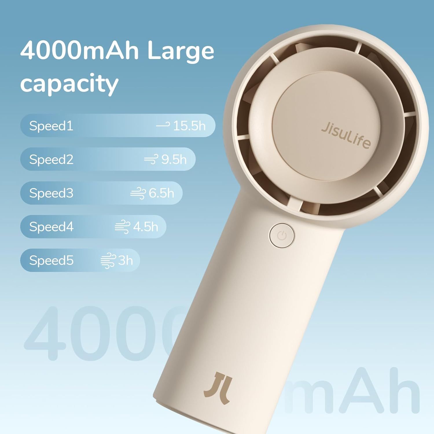 Communicates the large battery capacity and quantifies runtime performance across five speed settings, reassuring shoppers about long-lasting operation and…