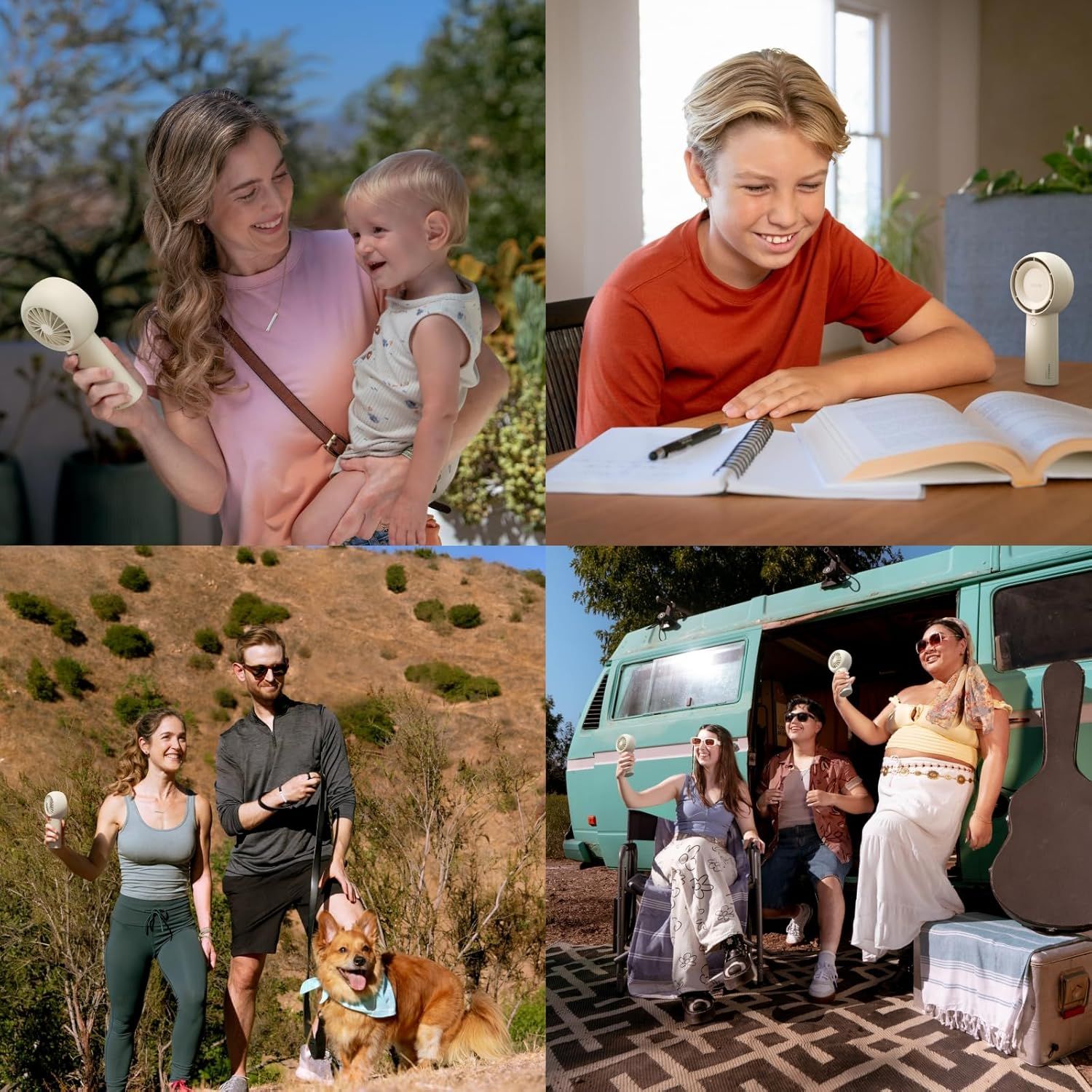 Demonstrates the product's versatility by showing it being used in multiple real-world scenarios—outdoor family time, indoor study, hiking, and travel—to…
