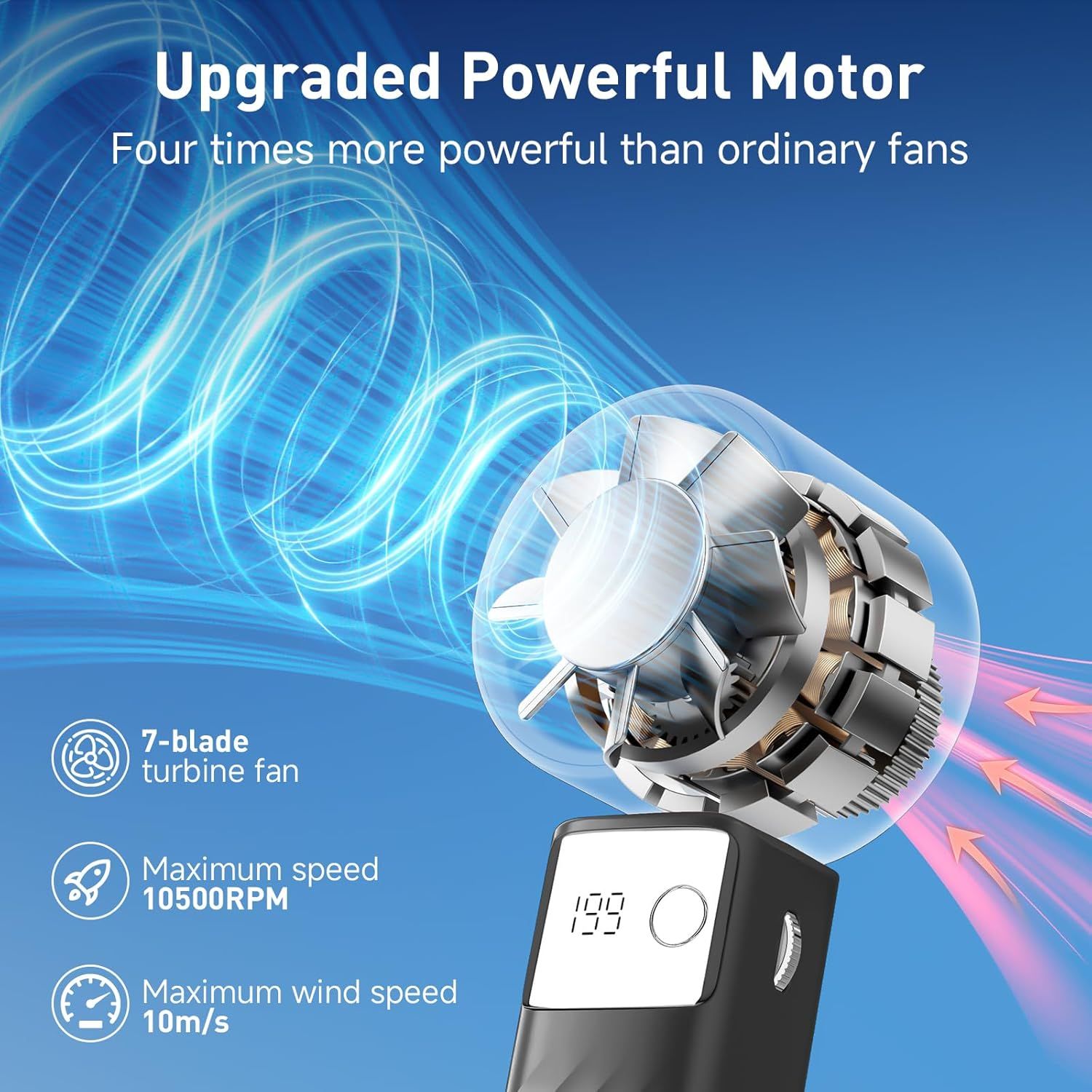 Communicates multiple technical specifications and performance benefits of the upgraded motor to demonstrate superior power and airflow capability compared to…