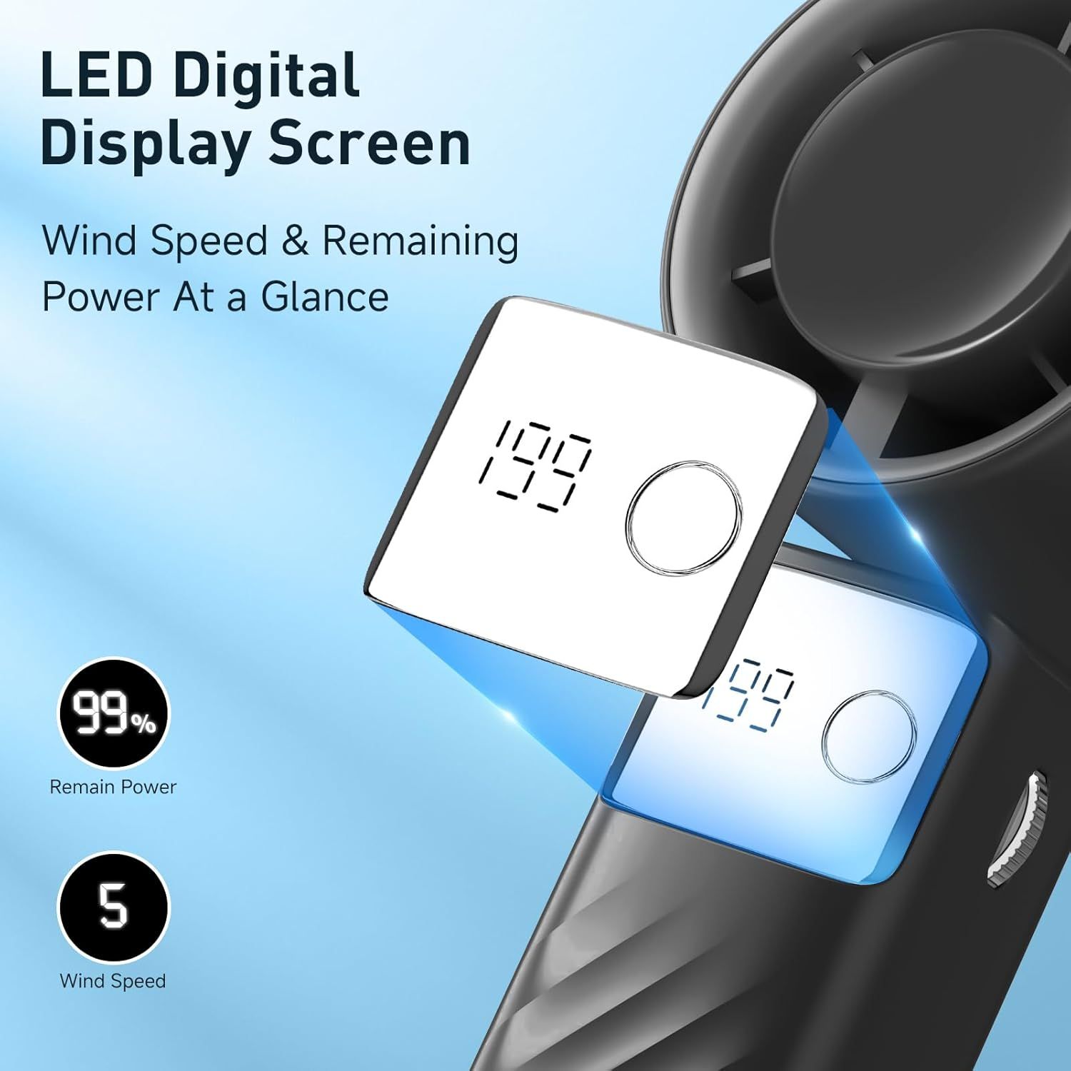 Highlights the LED digital display feature that allows users to check wind speed and remaining battery power at a glance, emphasizing convenience and ease of…