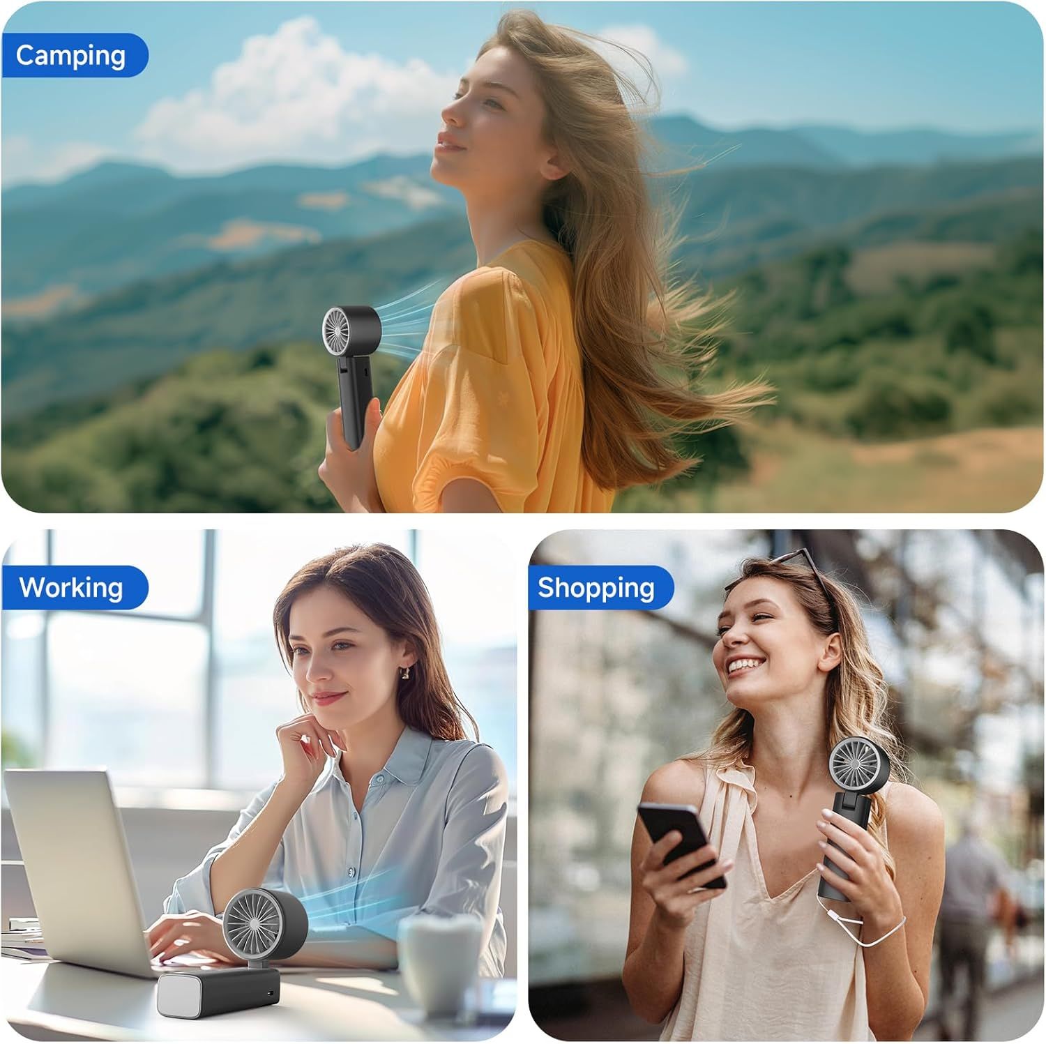 Demonstrates the product's versatility by showing it can be used in multiple real-world scenarios—outdoor camping, office work, and everyday shopping—to…