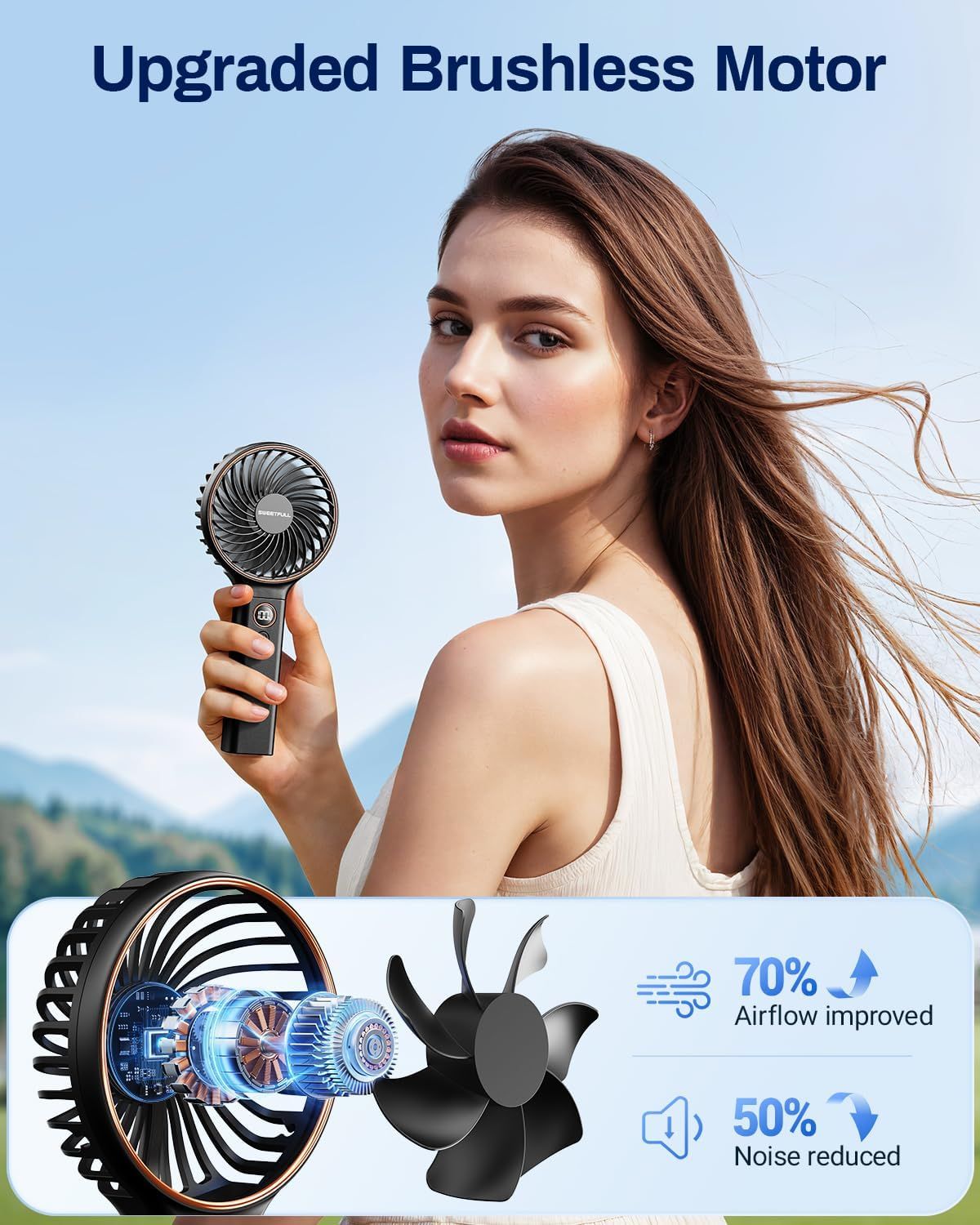 Communicates quantifiable performance improvements of the upgraded brushless motor, emphasizing superior airflow and quieter operation to demonstrate the…