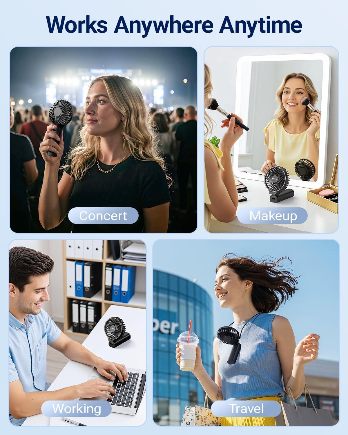 Demonstrates the product's versatility by showing it can be used in multiple real-world scenarios including concerts, makeup application, office work, and…