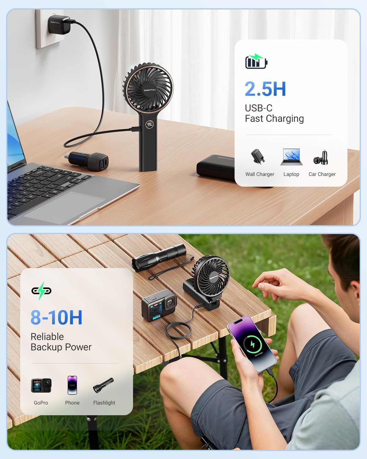 Communicates the product's fast charging capability (2.5 hours) and long battery life (8-10 hours) to reassure shoppers of its efficiency and reliability for…