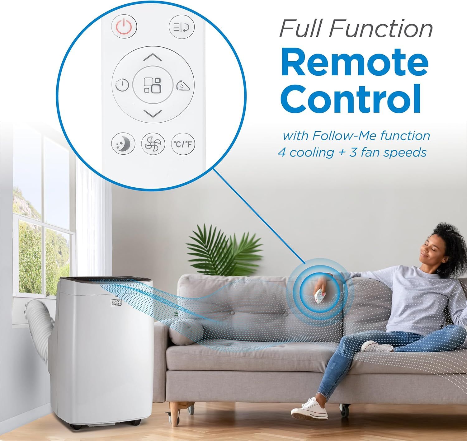 Highlights the convenience of full-function remote control with Follow-Me technology, allowing the user to control the air conditioner from anywhere in the…