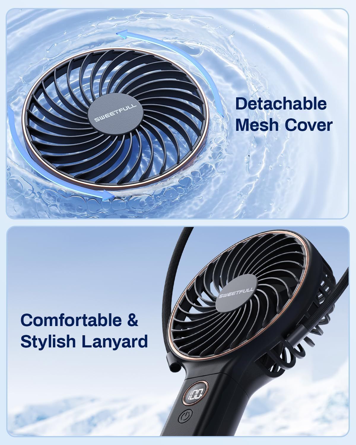 Highlights two distinct product features in a segmented layout: the detachable mesh cover for easy cleaning and the comfortable lanyard for portability and…