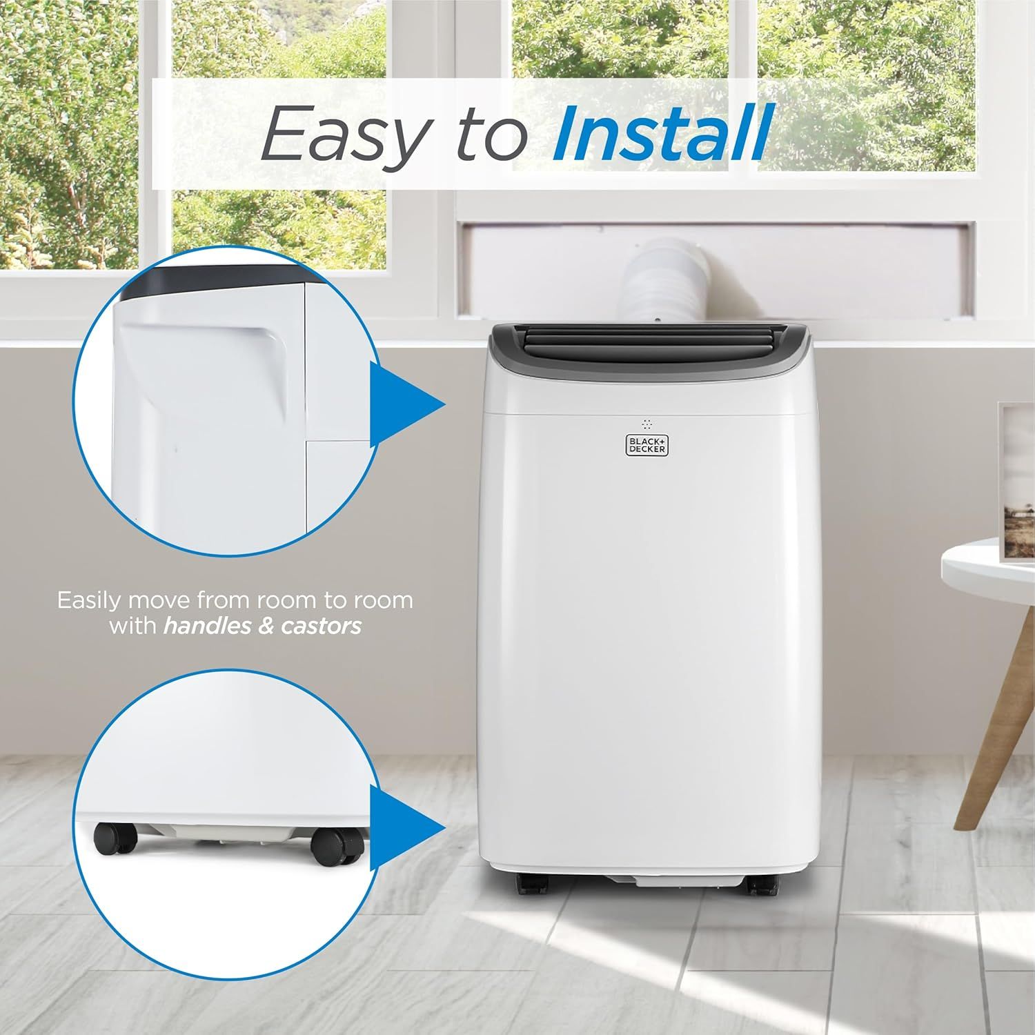 Communicates that the portable air conditioner is easy to install using the included window kit and can be easily moved from room to room using built-in…