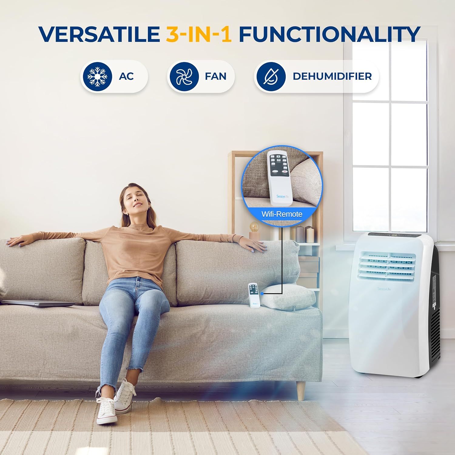 Demonstrates the product's versatility by showing it can function as an air conditioner, fan, and dehumidifier, highlighting its multiple use cases in one…