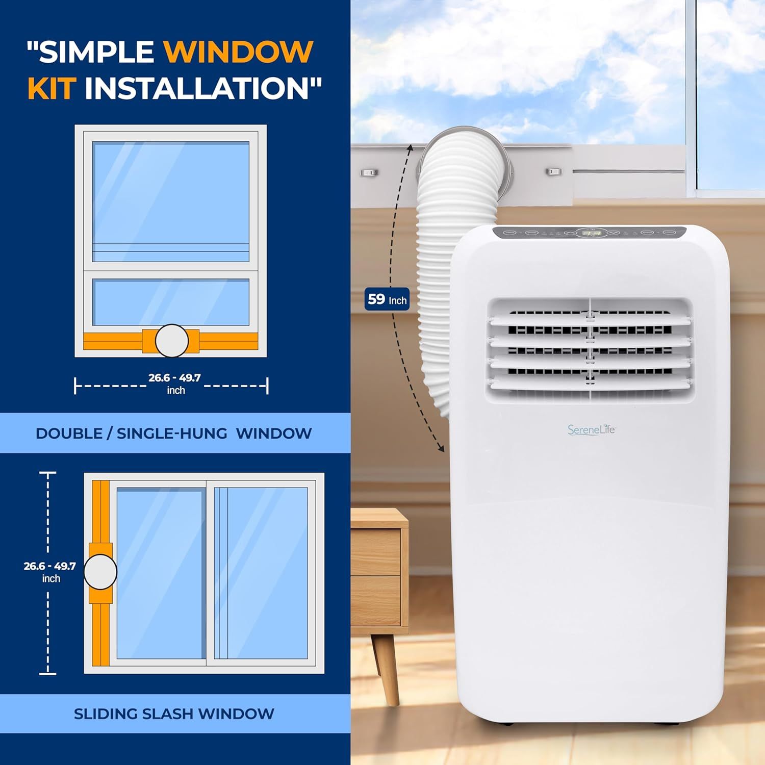 Demonstrates how to install the portable air conditioner's window kit and shows compatibility with different window configurations (double/single-hung and…