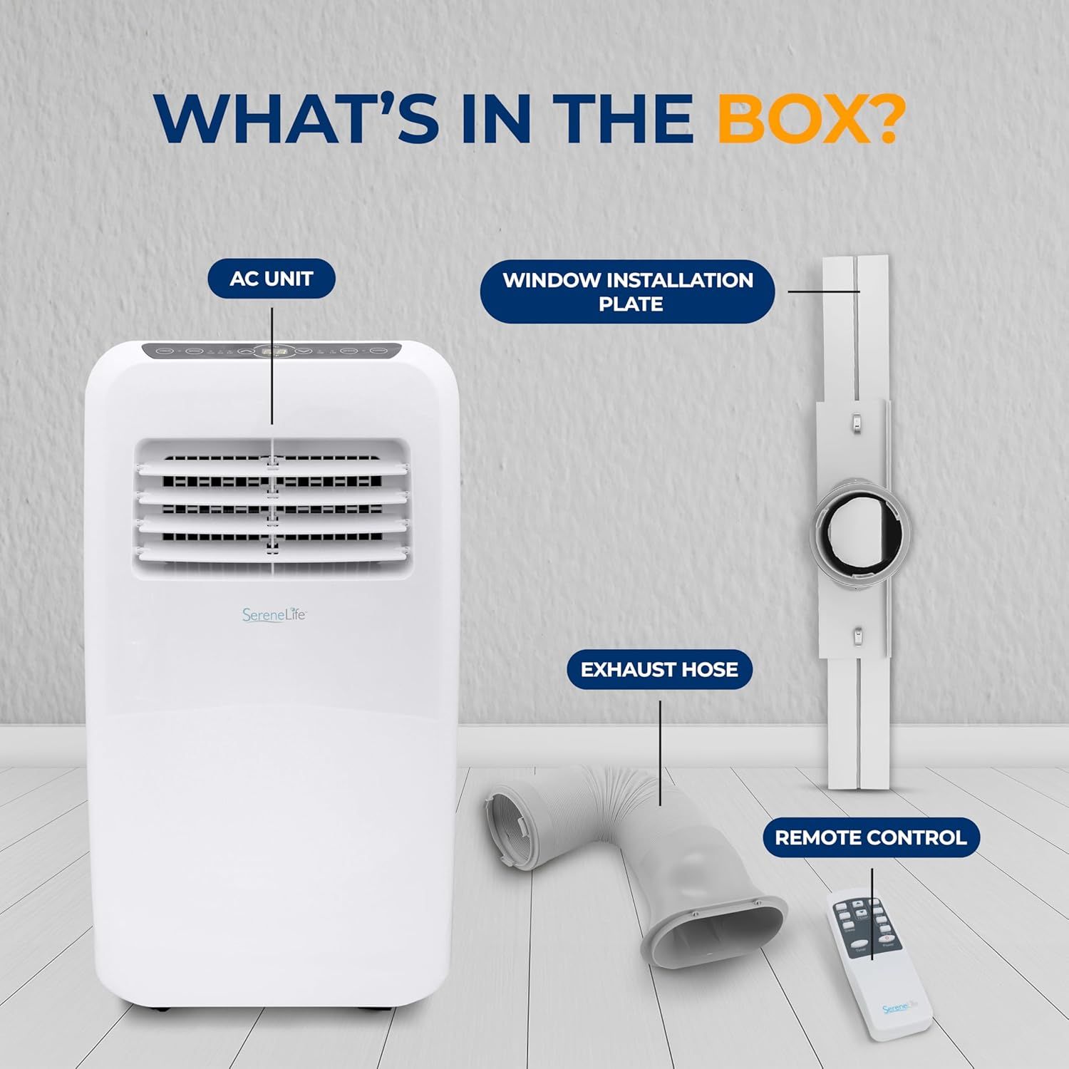 Shows all components included with the portable AC unit purchase to help shoppers understand the complete package and installation accessories they will…