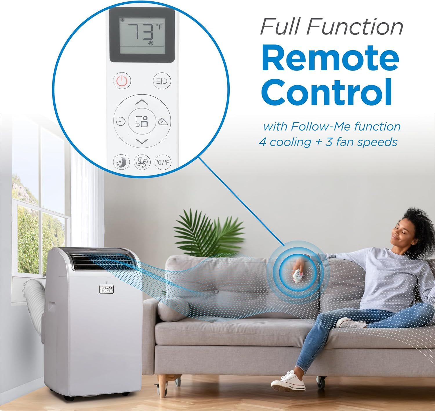 Highlights the convenience of the full-function remote control with Follow-Me technology, 4 cooling modes, and 3 fan speeds, reassuring shoppers they can…