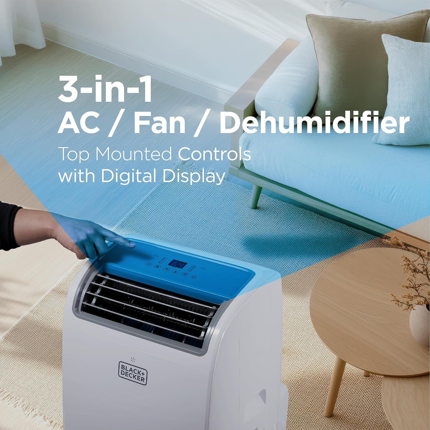Communicates the product's versatility by highlighting its three distinct functions (air conditioning, fan, and dehumidification) to show shoppers it can…