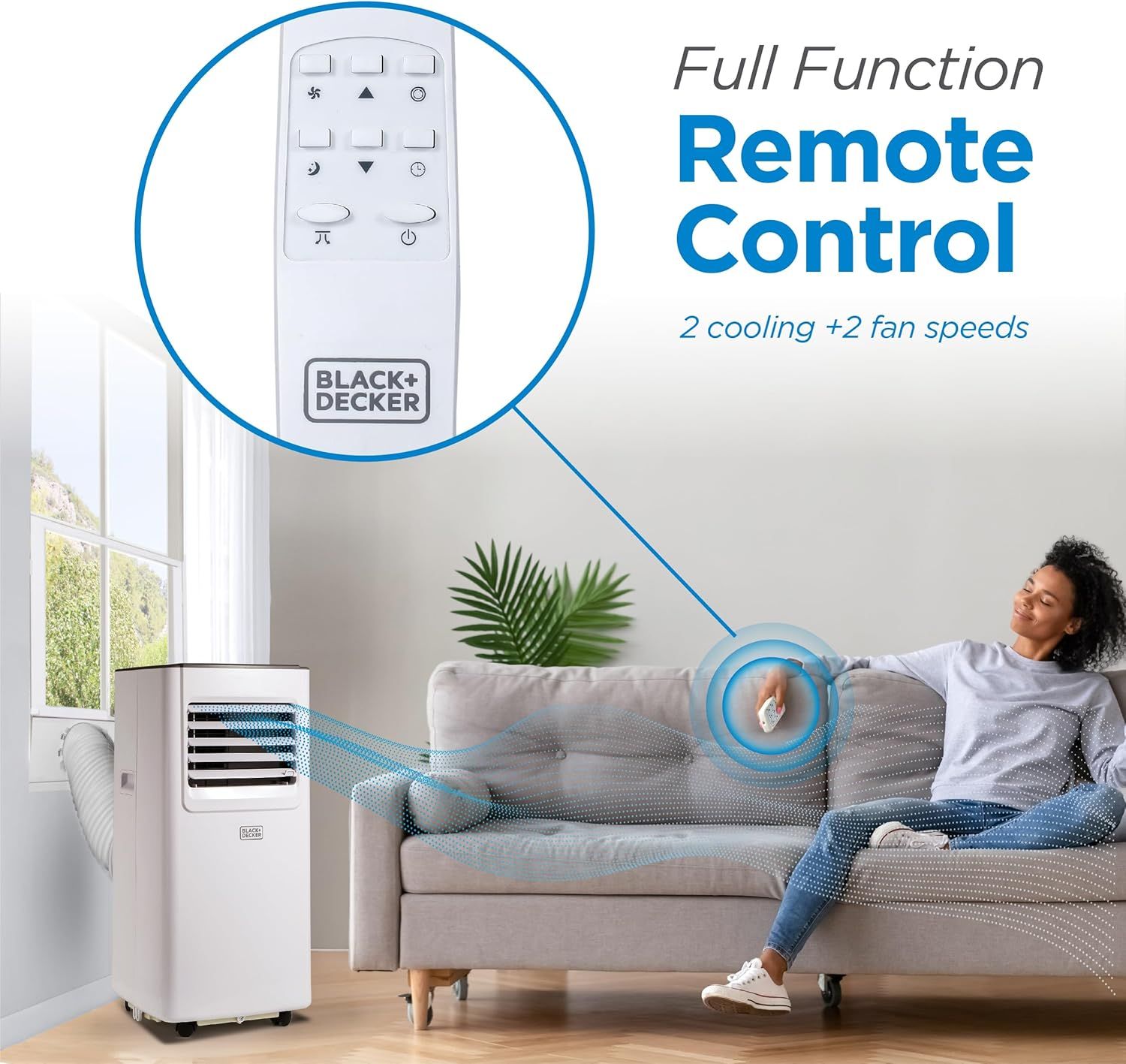 Highlights the convenience of full-function remote control with multiple cooling and fan speed options, reassuring shoppers they can easily adjust settings…