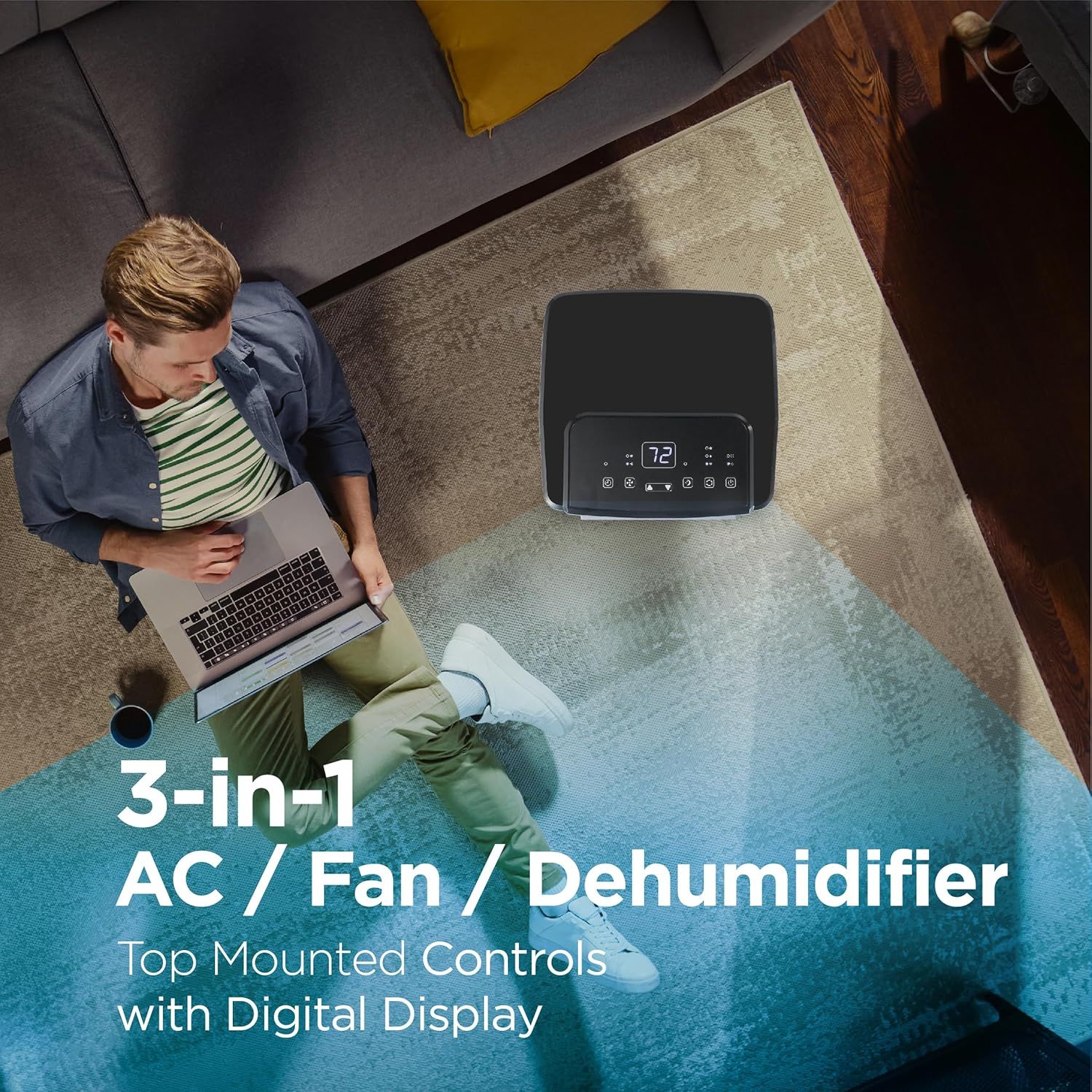 Demonstrates the product's versatility by highlighting its three distinct functions (air conditioning, fan, and dehumidification) to show shoppers it can…