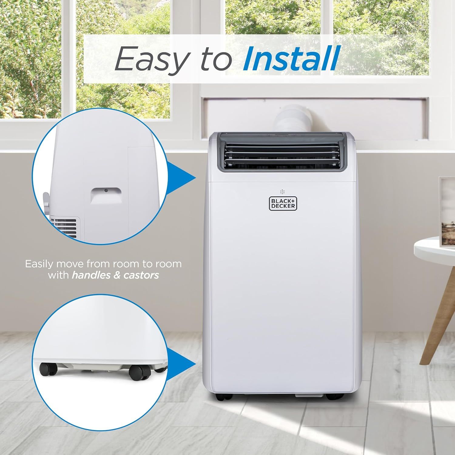 Communicates that the portable air conditioner is easy to install and can be easily moved from room to room using its built-in handles and castors, emphasizing convenience and flexibility.