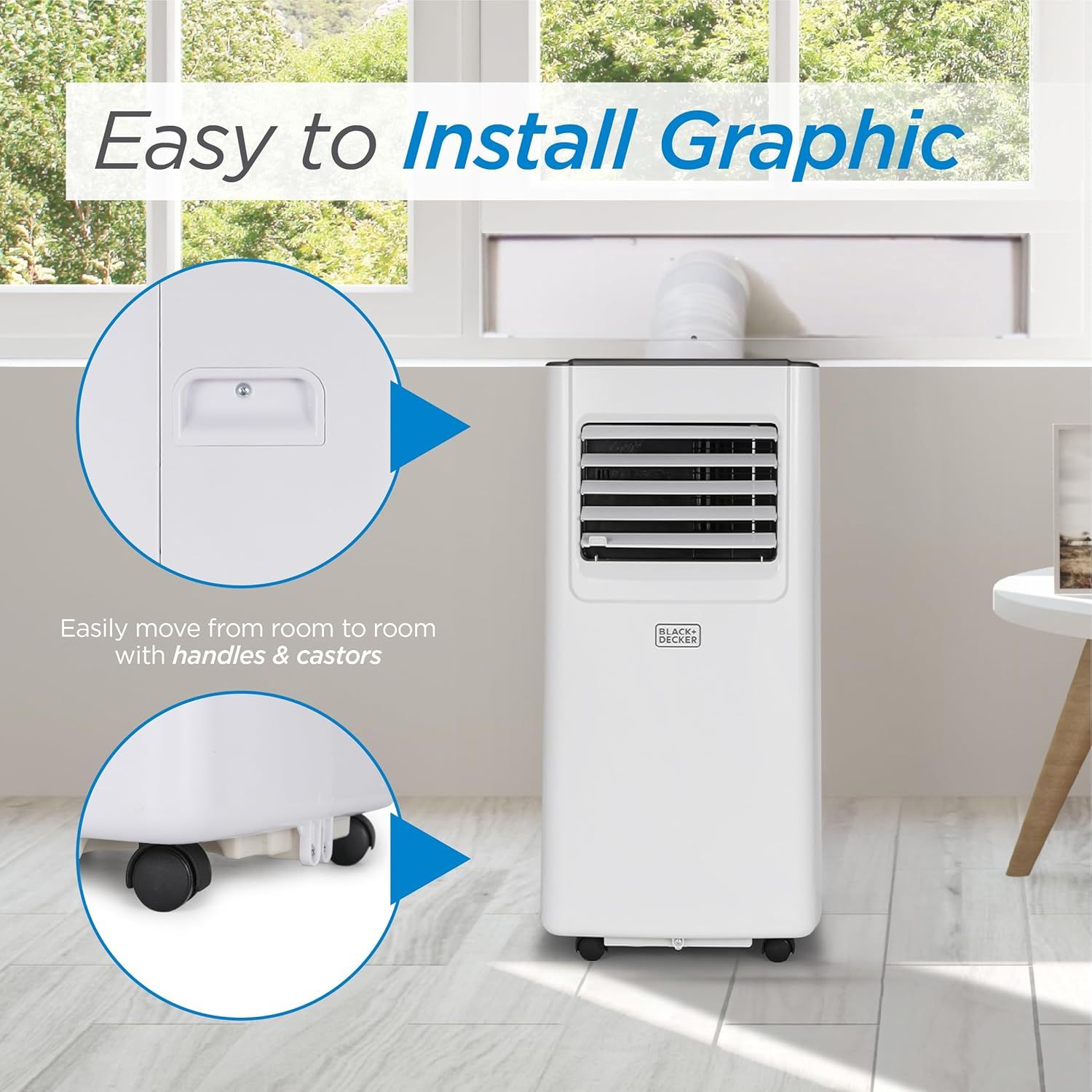Communicates two key benefits of the portable air conditioner: easy installation via a graphic window kit and convenient room-to-room mobility with built-in…