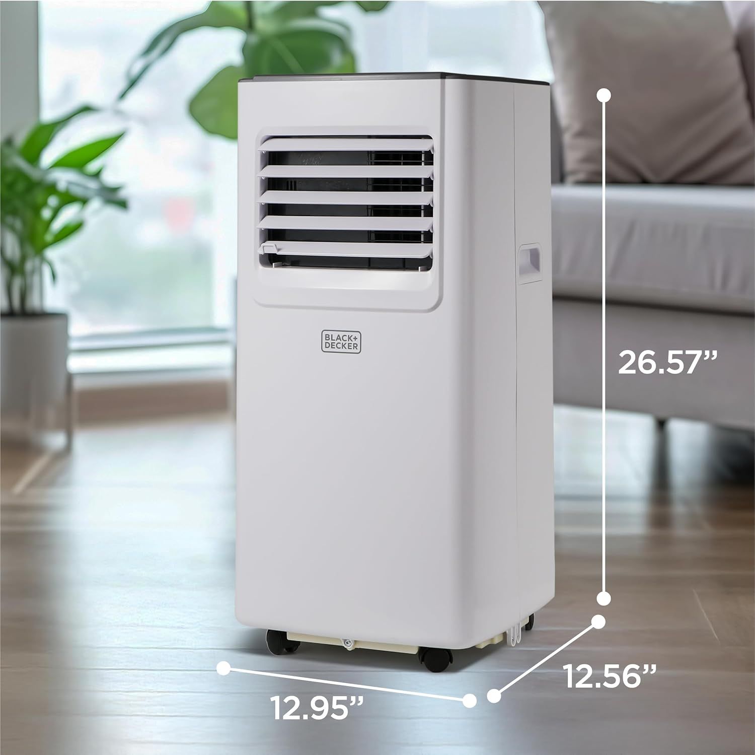 Communicates the exact physical dimensions of the portable air conditioner to help shoppers understand its size and ensure it fits their space.