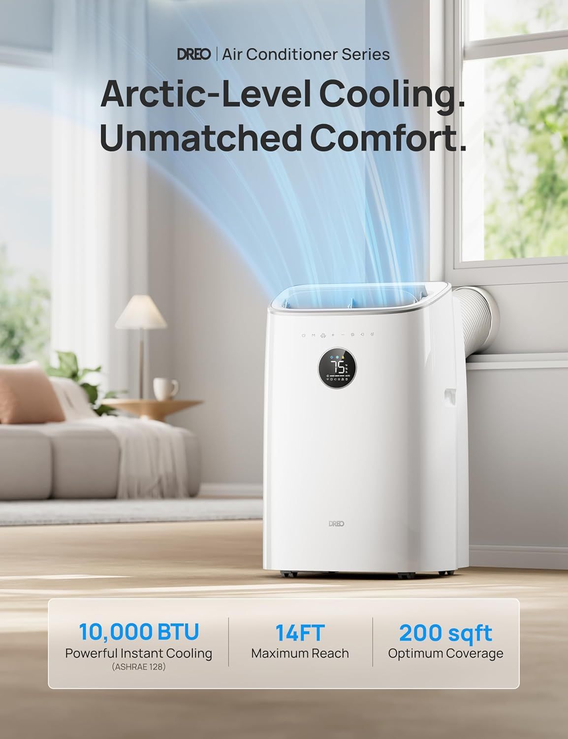 Communicates the air conditioner's key performance specifications across three distinct benefit areas: cooling power, reach distance, and room coverage…