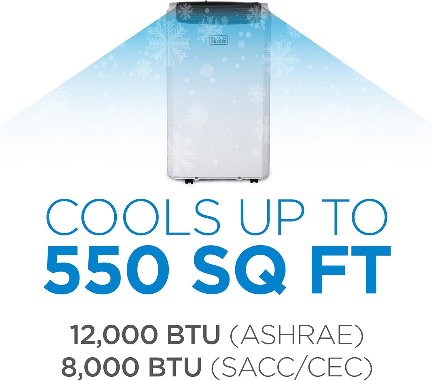 Communicates the product's cooling performance capacity in square footage and BTU ratings to help shoppers understand the unit's power and coverage area.…