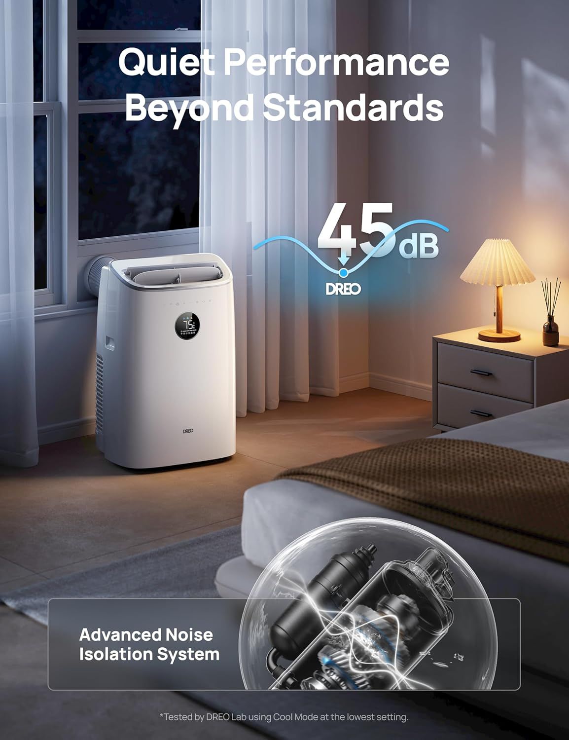 Communicates the product's exceptionally low noise level of 45dB to reassure shoppers that it operates quietly and won't disturb their living space.…