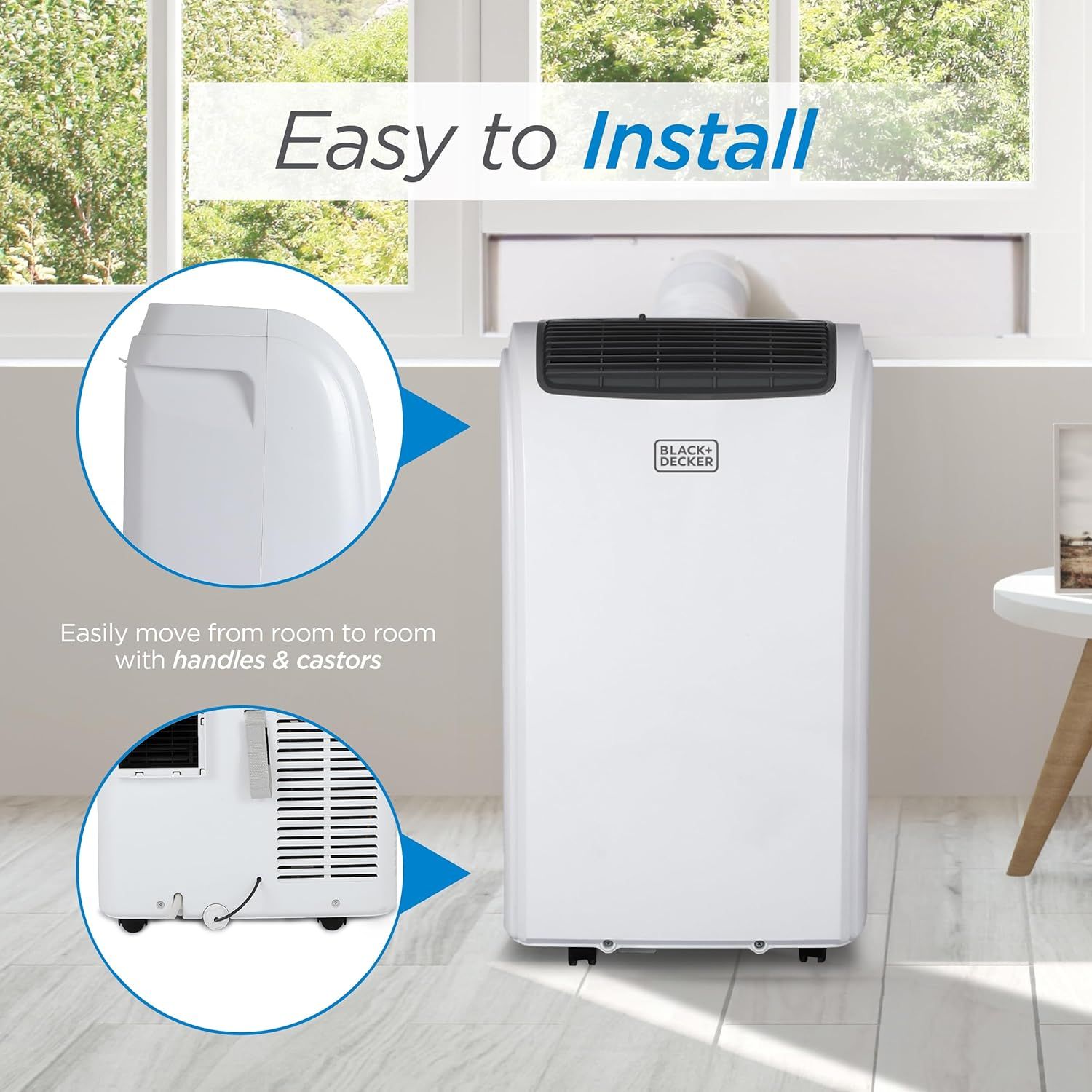 Demonstrates the product's ease of installation and portability by highlighting the window installation kit and built-in handles and castors for room-to-room…