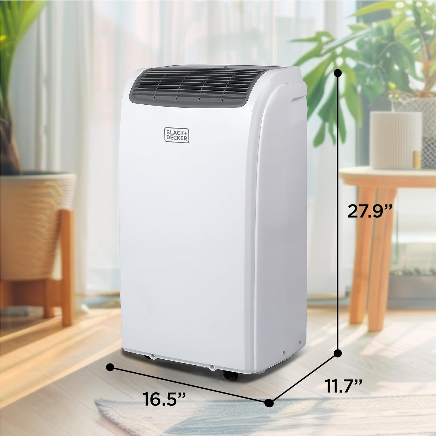 Communicates the exact physical dimensions of the portable air conditioner to help shoppers understand if it will fit in their intended space.