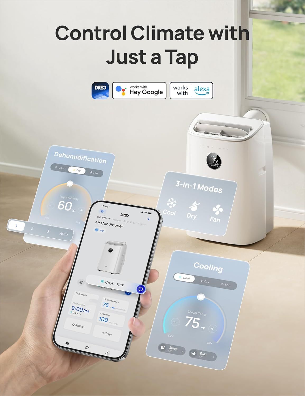 Demonstrates the air conditioner's multiple smart features and operational modes, showing shoppers they can control climate settings via app, voice commands,…
