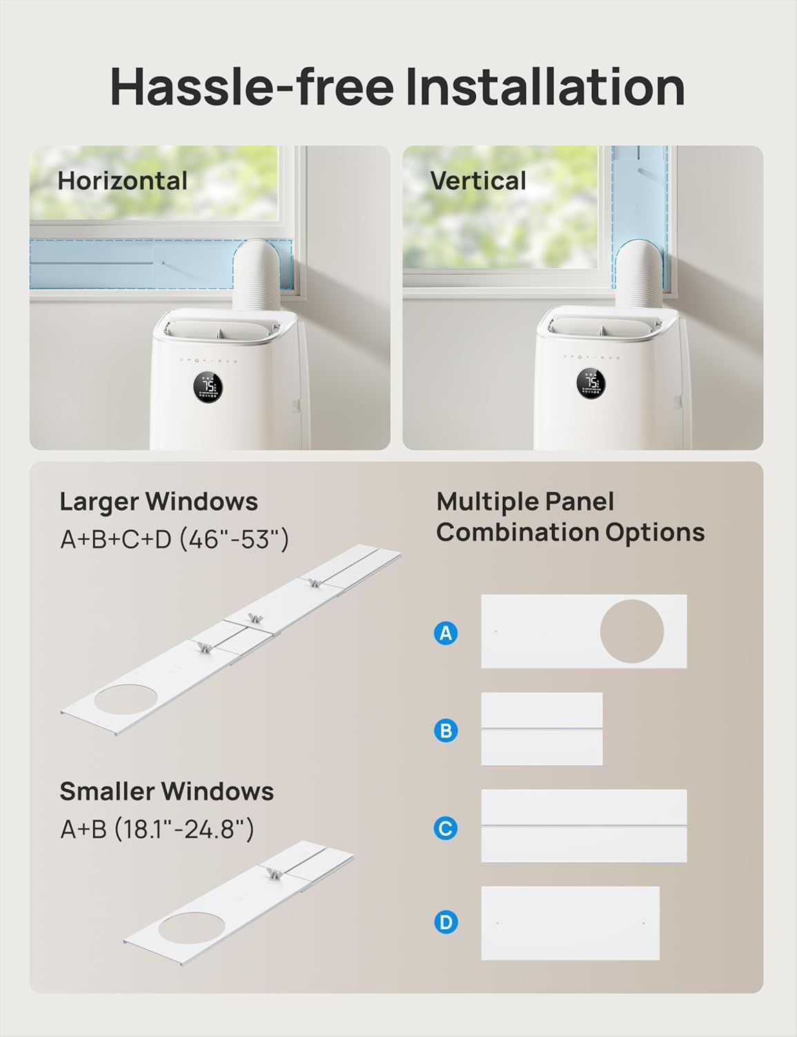 Demonstrates multiple installation methods (horizontal and vertical) and panel configurations to reassure shoppers that the product is easy to install and…