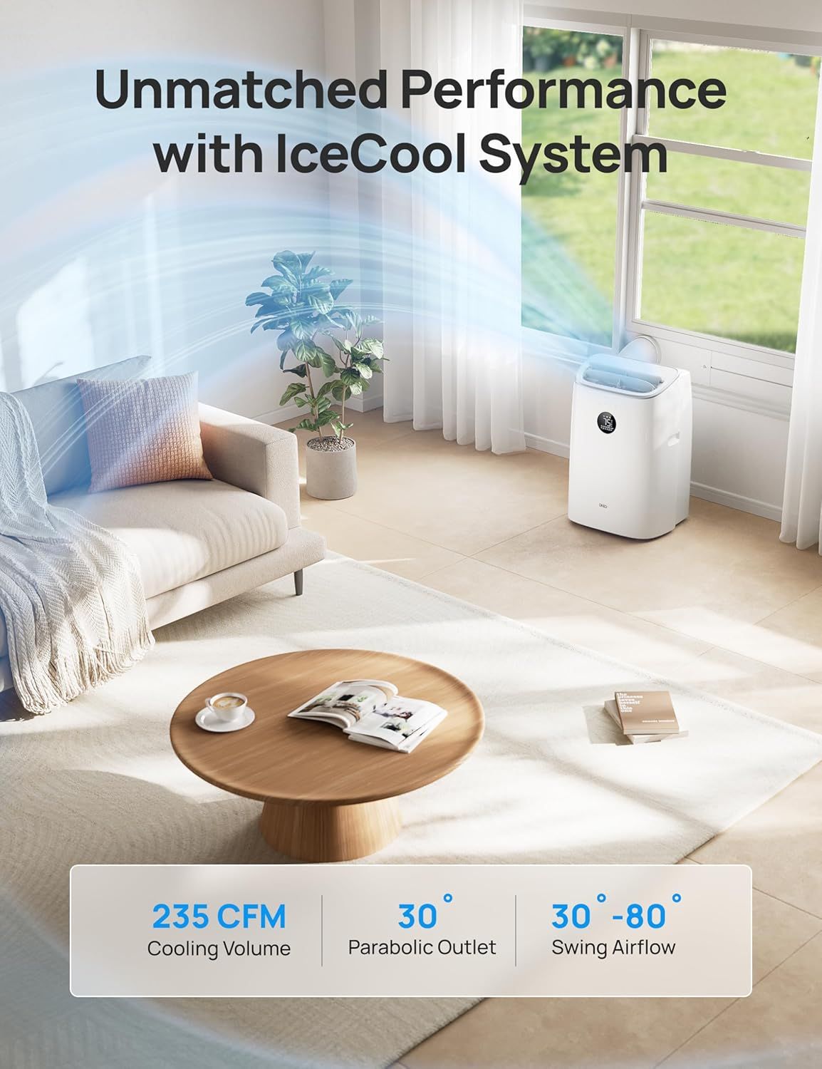 Communicates the product's quantifiable performance specifications to demonstrate its cooling power, directional airflow capability, and adjustable swing…