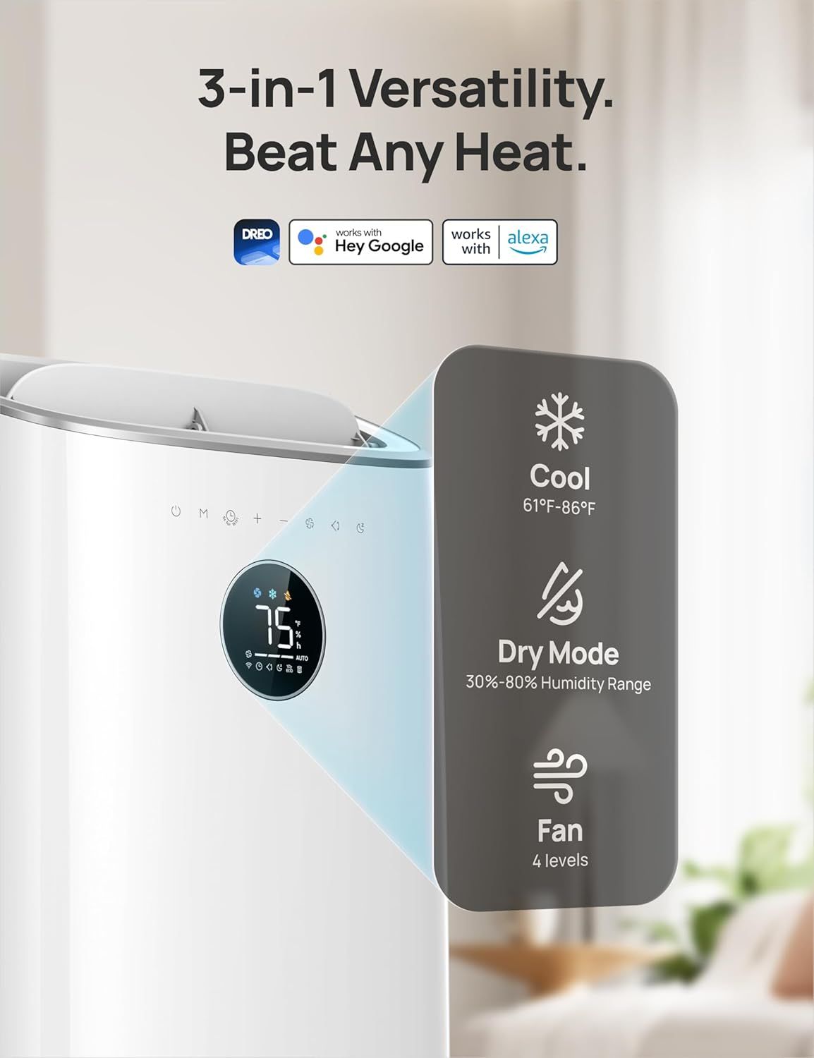 Demonstrates the product's multiple use modes (cooling, dehumidifying, and fan) to communicate versatility and year-round functionality for different climate…