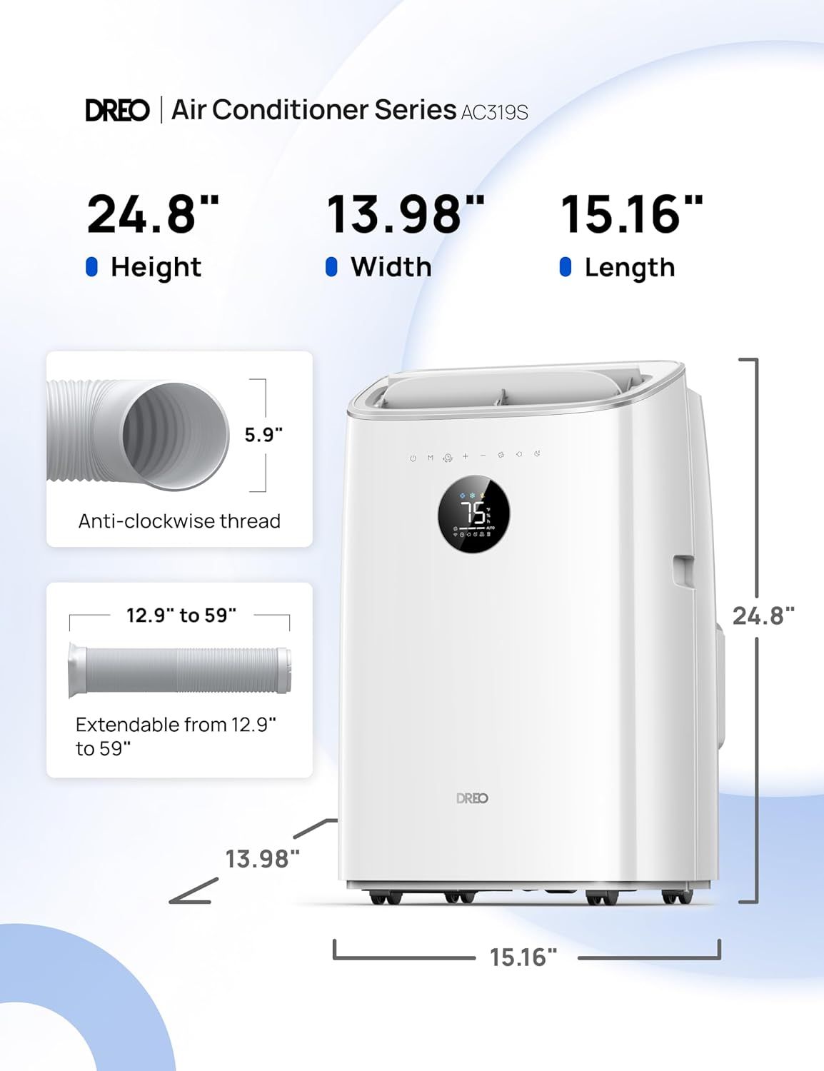Communicates the exact physical dimensions of the air conditioner unit (height, width, length) and highlights the extendable hose feature to help shoppers…