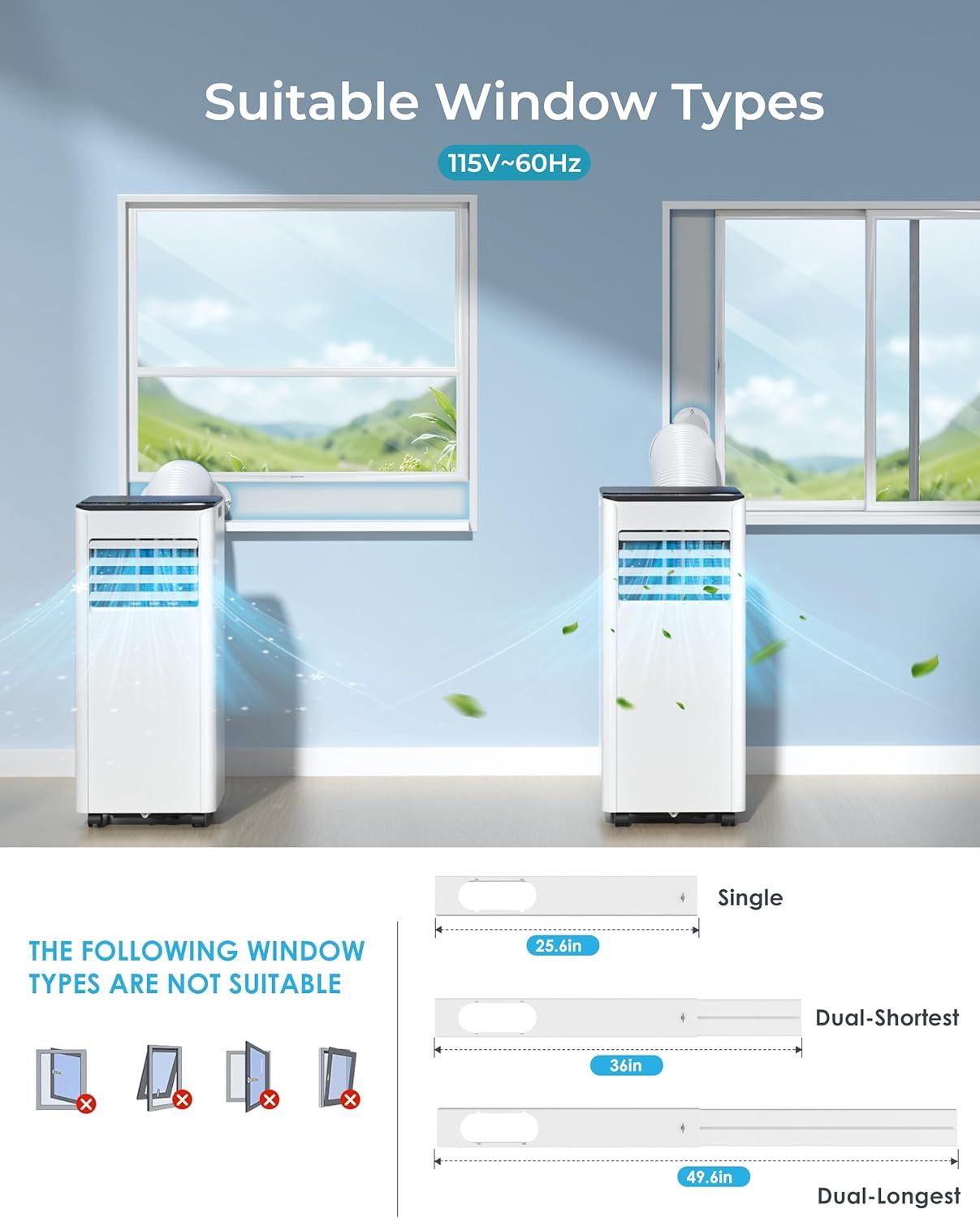 Demonstrates which window types are compatible with the portable air conditioner and which are not, helping shoppers determine if the product will work in…