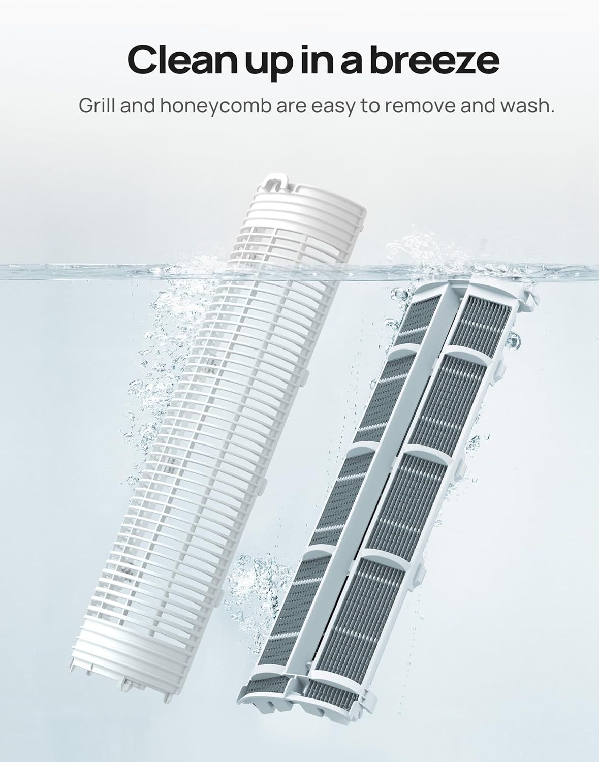 Demonstrates how easy it is to clean the product by showing the grill and honeycomb components submerged in water, reassuring shoppers that maintenance is…