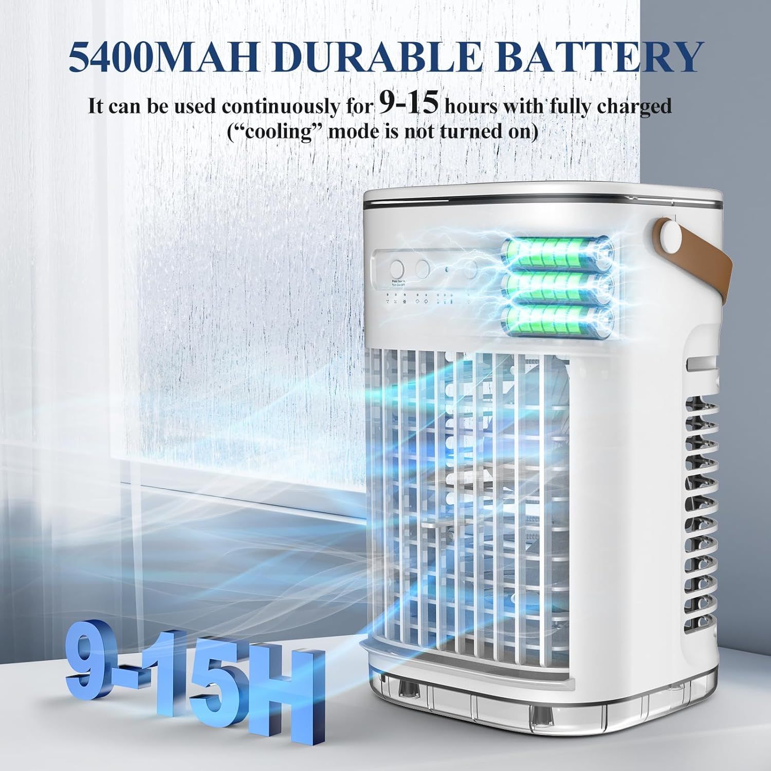 Communicates the product's battery capacity and runtime duration to reassure shoppers about long-lasting performance and portability without frequent…