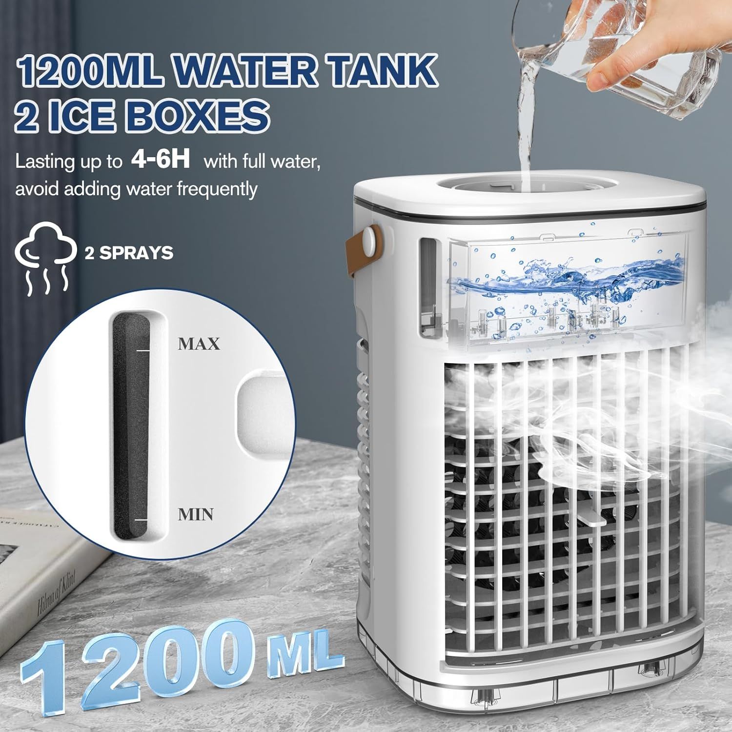 Communicates multiple key features of the evaporative cooler including large water capacity, ice box cooling, extended runtime, and dual spray functionality…