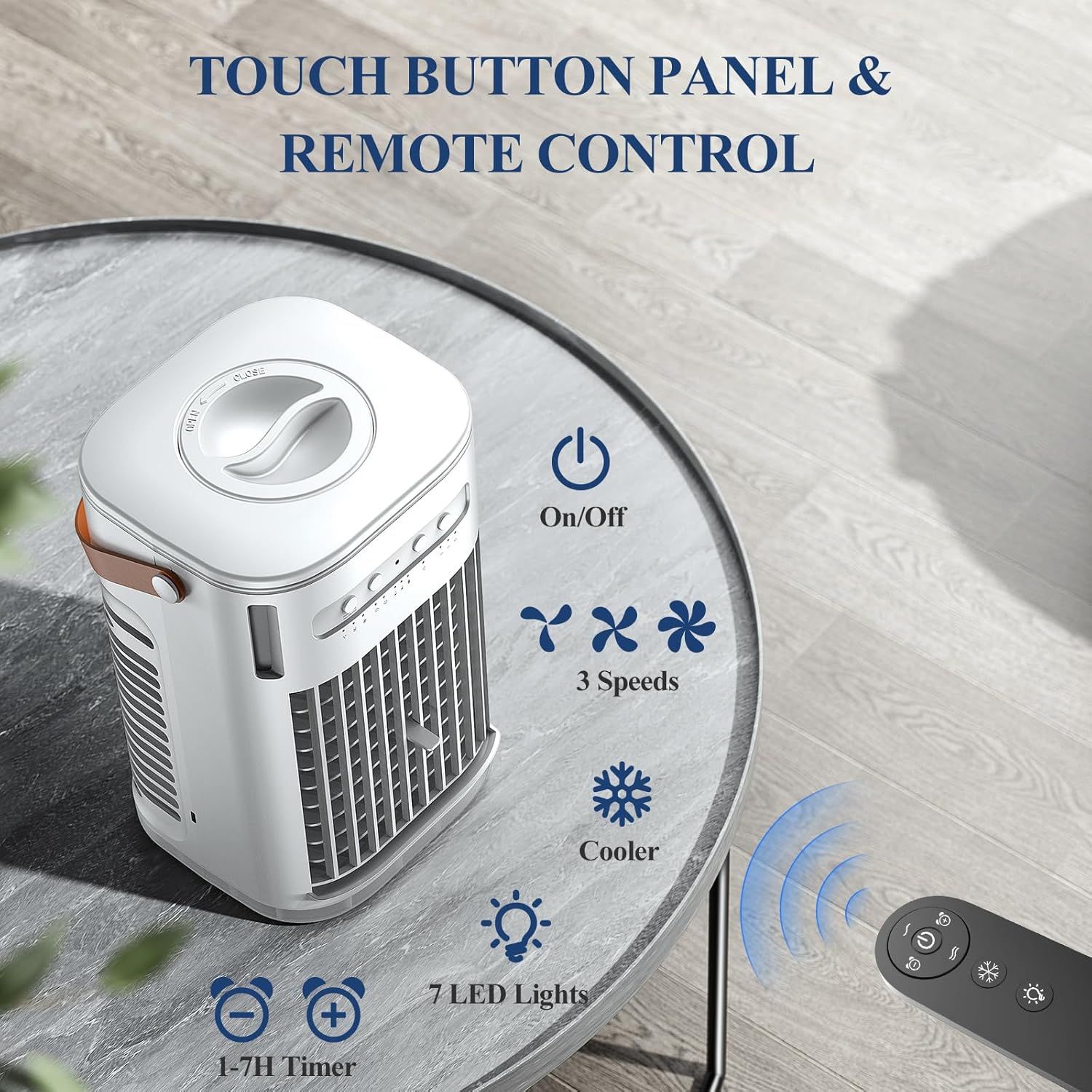 Communicates the product's multiple control options and features, including touch panel controls, remote operation, adjustable speeds, timer, lighting, and…