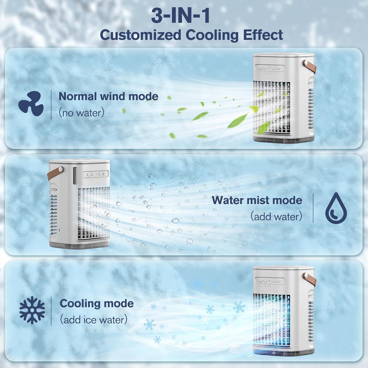 Demonstrates the three different operating modes of the cooling device to show versatility and multiple use scenarios for different cooling needs. Explains…