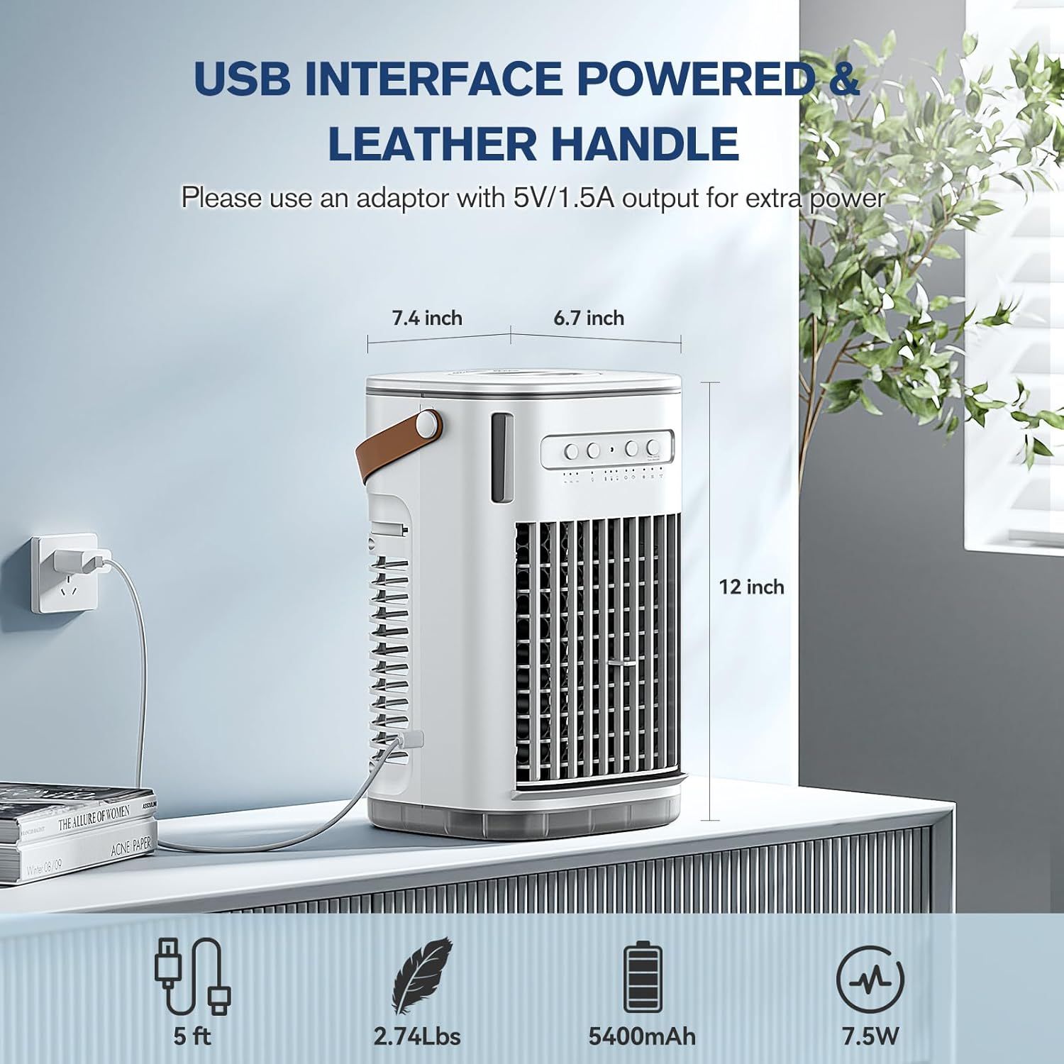 Communicates multiple key product benefits including USB power compatibility, portability via leather handle, lightweight design, battery capacity, power…