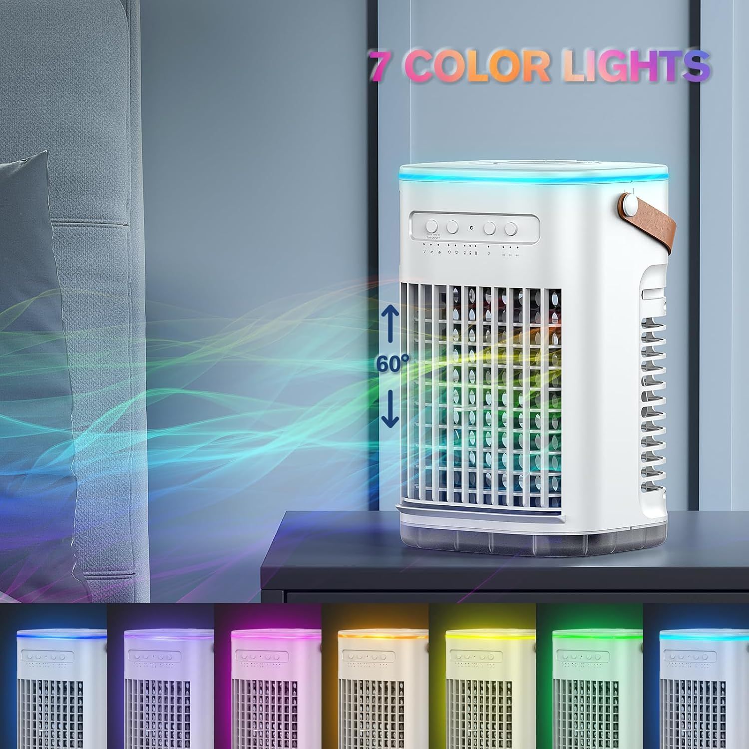 Highlights the product's multiple features including customizable 7-color lighting options and 60-degree oscillation capability to demonstrate versatility and…