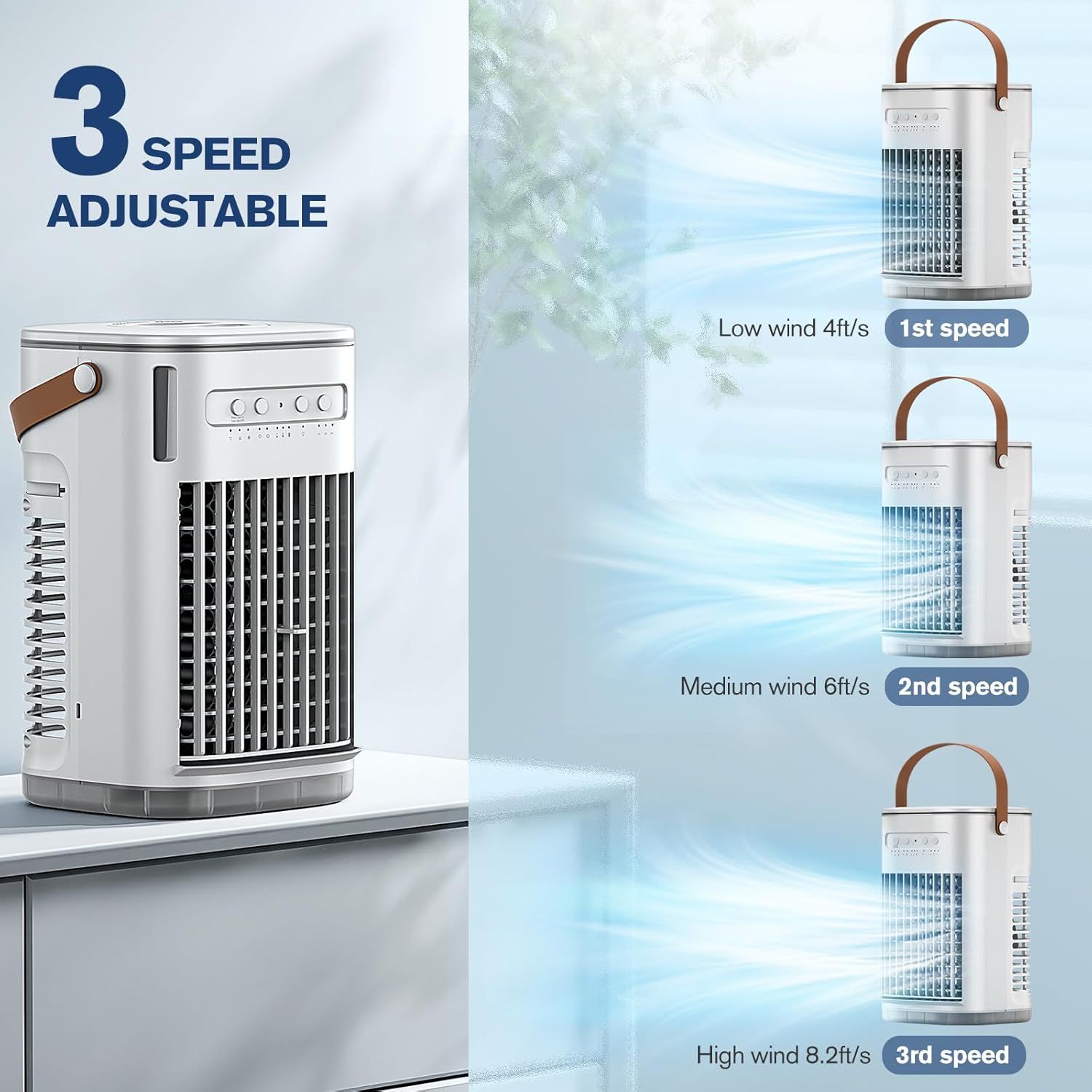 Communicates the product's adjustable fan speed capability with specific airflow metrics (4ft/s, 6ft/s, 8.2ft/s) to help shoppers understand performance…