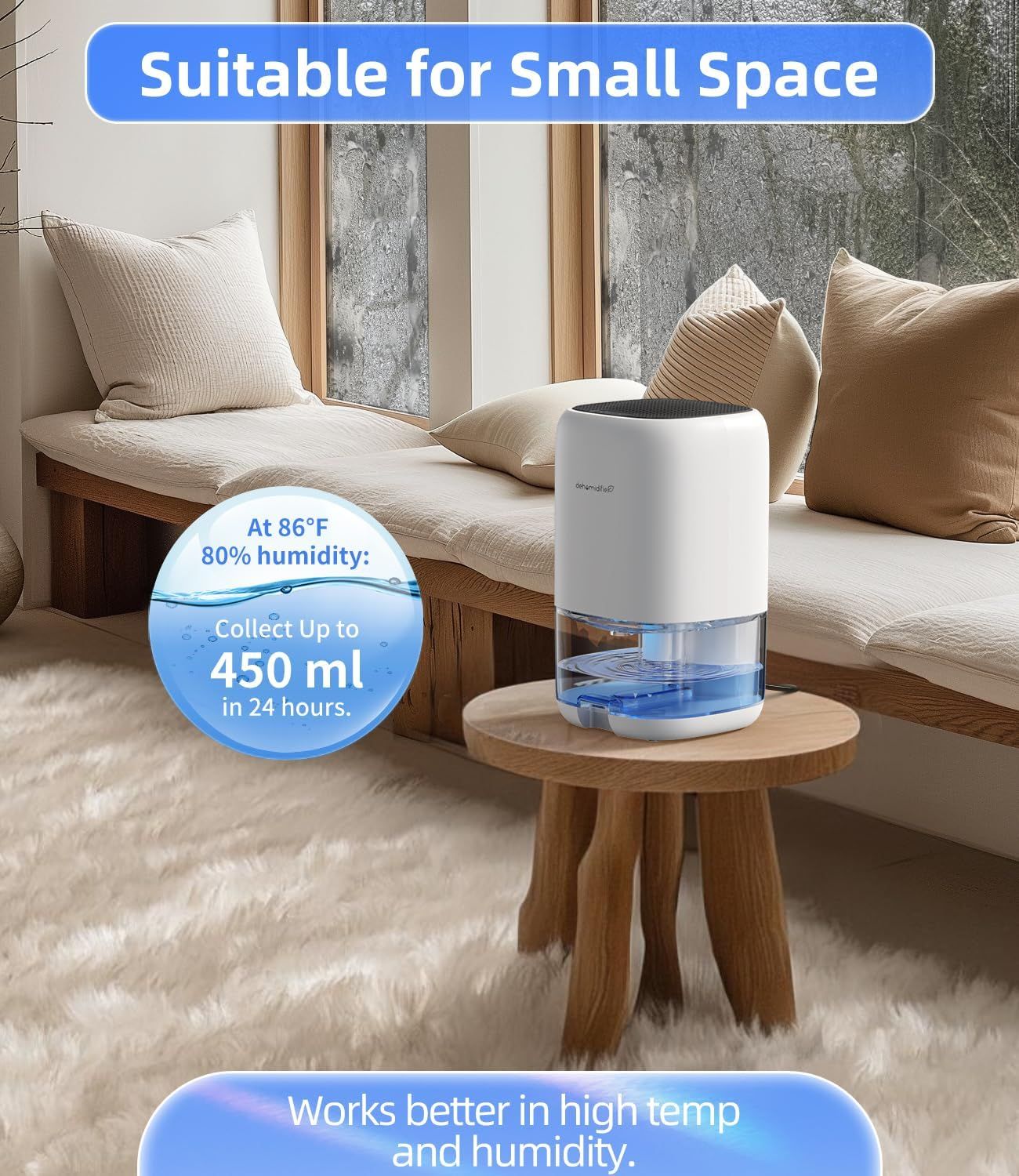 Communicates the dehumidifier's quantifiable performance capacity to reassure shoppers of its effectiveness in removing moisture from small spaces.…