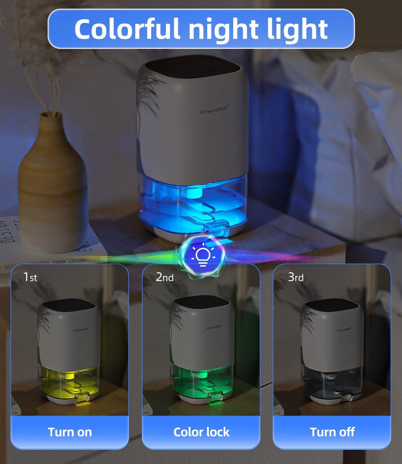 Demonstrates the three-step operation sequence for the product's colorful night light feature: how to turn it on, lock a color, and turn it off. Highlights…