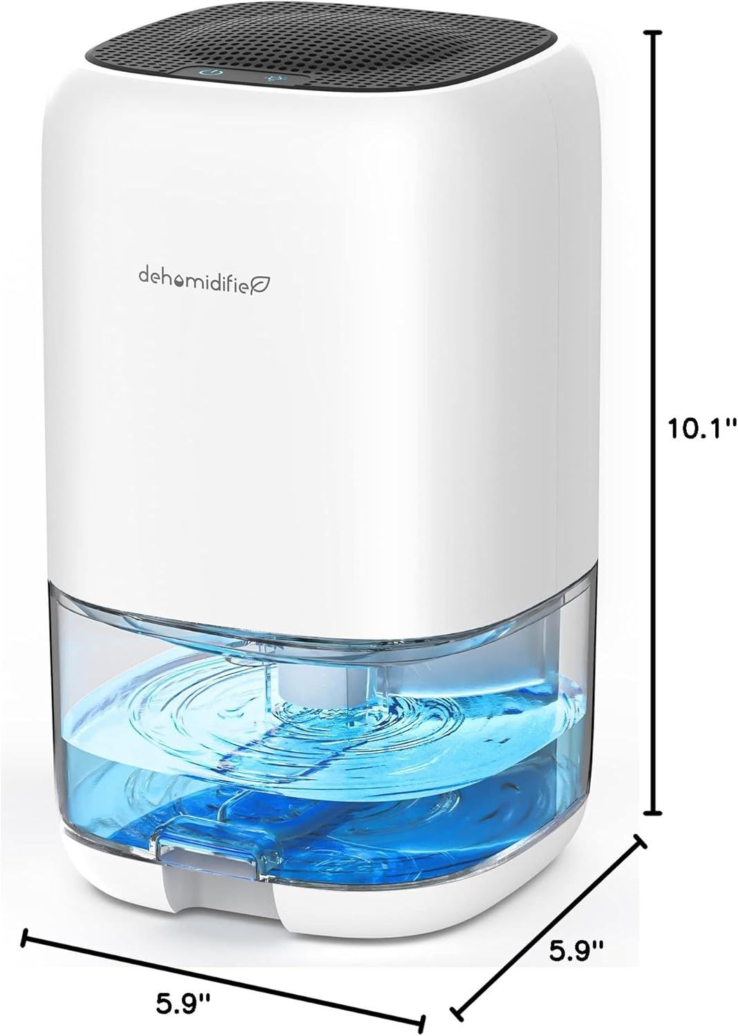 Communicates the exact physical size of the dehumidifier (10.1" height, 5.9" width and depth) to help shoppers understand if it will fit in their intended…
