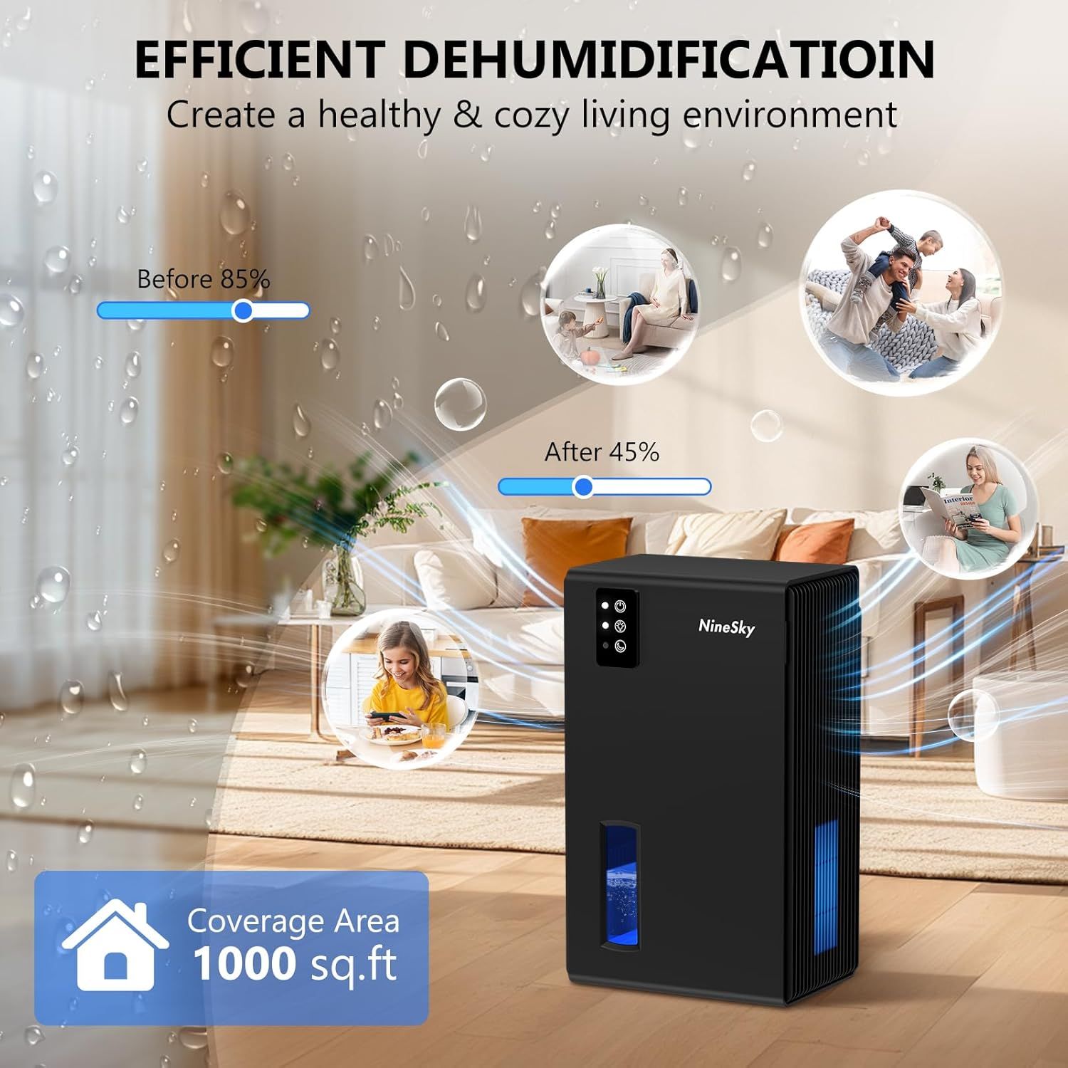 Communicates the dehumidifier's quantifiable performance metrics—reducing humidity from 85% to 45%—and its large 1000 sq.ft coverage area to demonstrate…