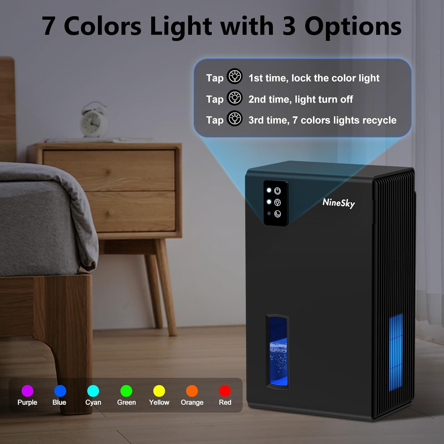 Explains how to operate the color light feature using a simple 3-step tap control system, reassuring shoppers that the lighting modes are easy to use and…