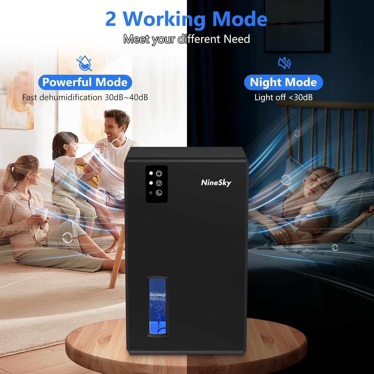 Demonstrates the dehumidifier's two operating modes to show versatility: a powerful mode for fast dehumidification during the day and a quiet night mode for…